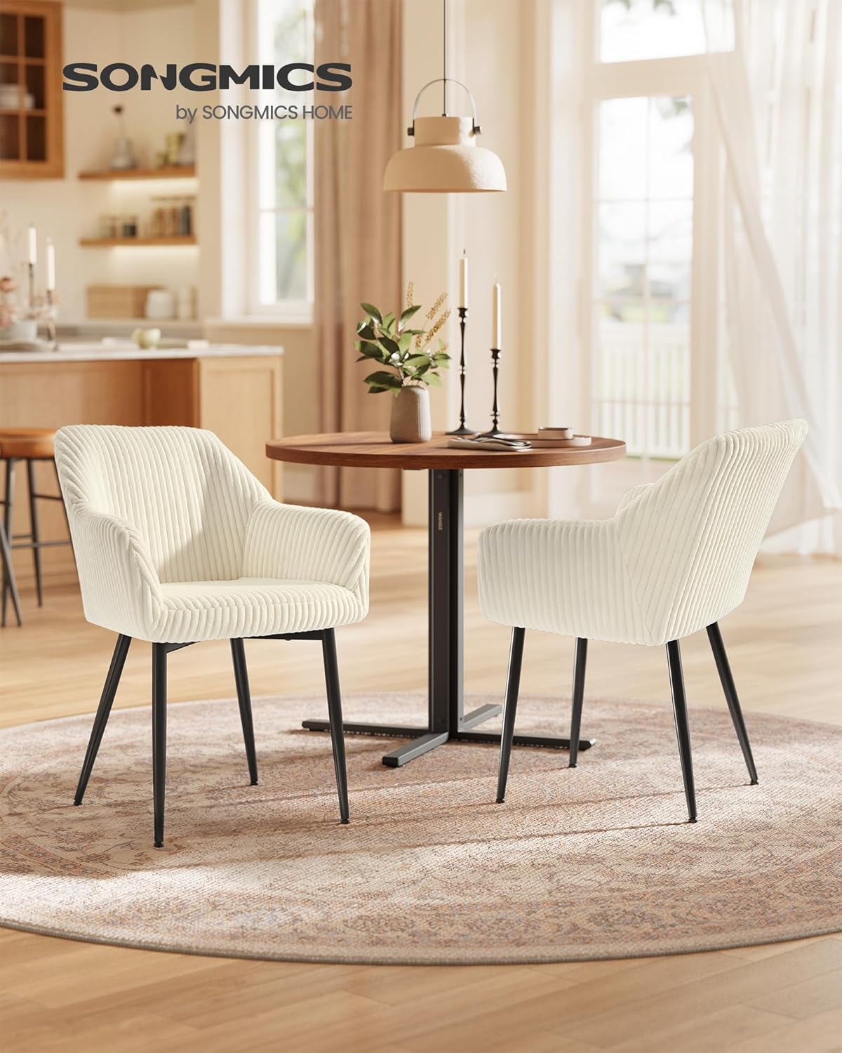 SONGMICS - Chaises salle à manger (lot de 6) - velours, accoudoirs, pieds métal, blanc crème, charge 120 kg - LDC087WD01