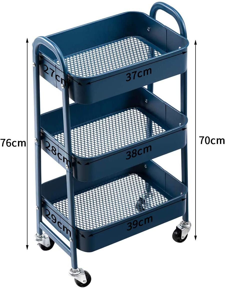DOEWORKS - chariot 3 niveaux métal, roulettes, bleu, gain de place