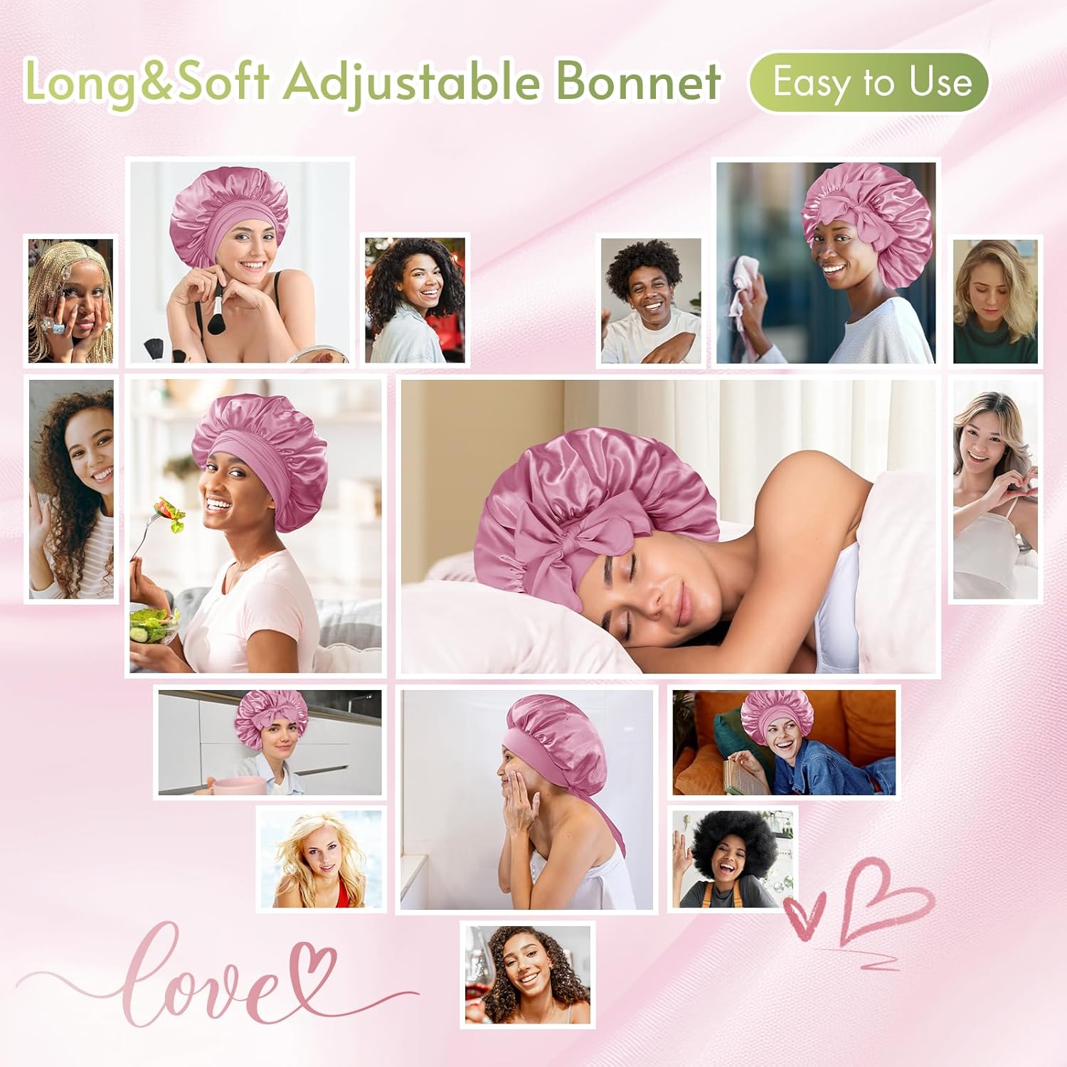 BONNET QUEEN - bonnet satin nuit ajustable, moyen, cheveux bouclés