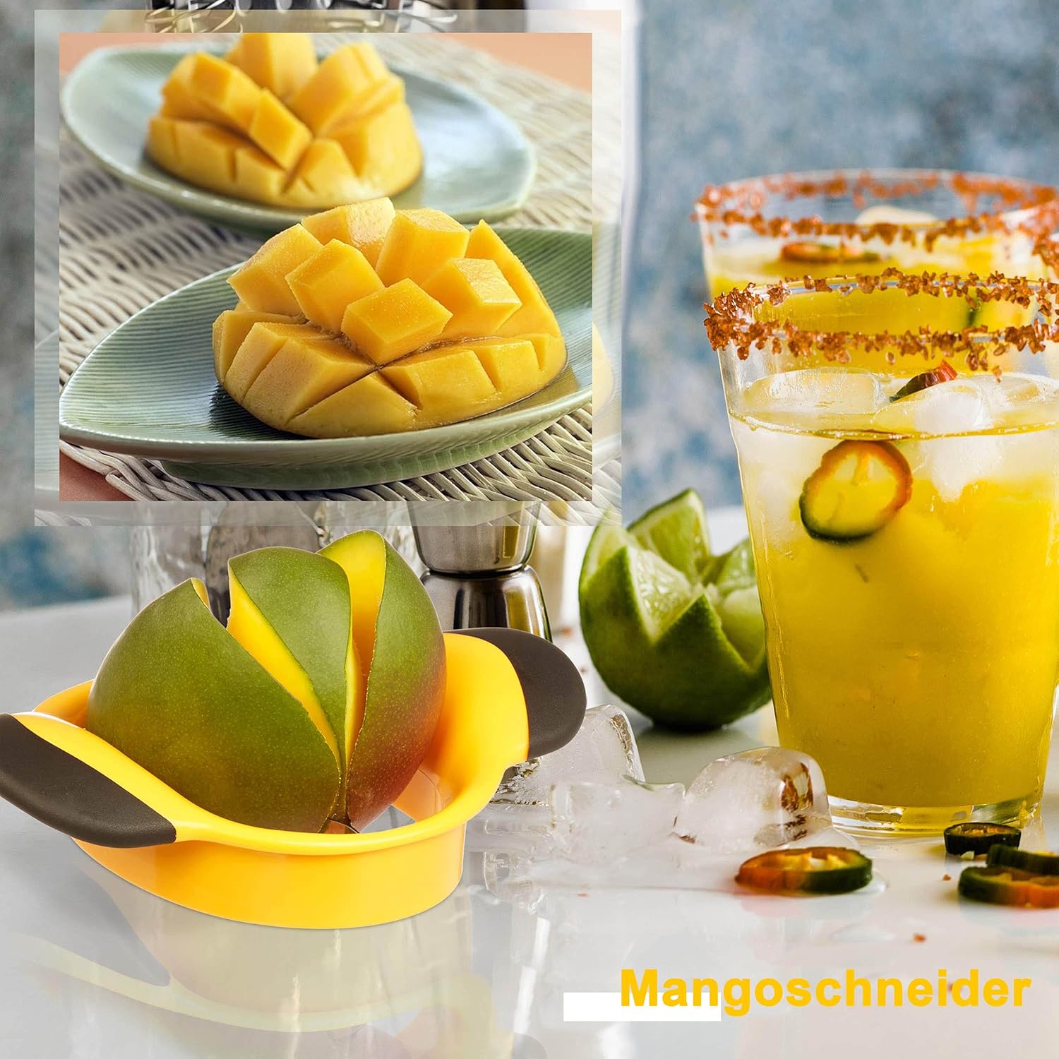 Trancheuse à mangue - acier inoxydable - jaune - coupe et carotte mangues