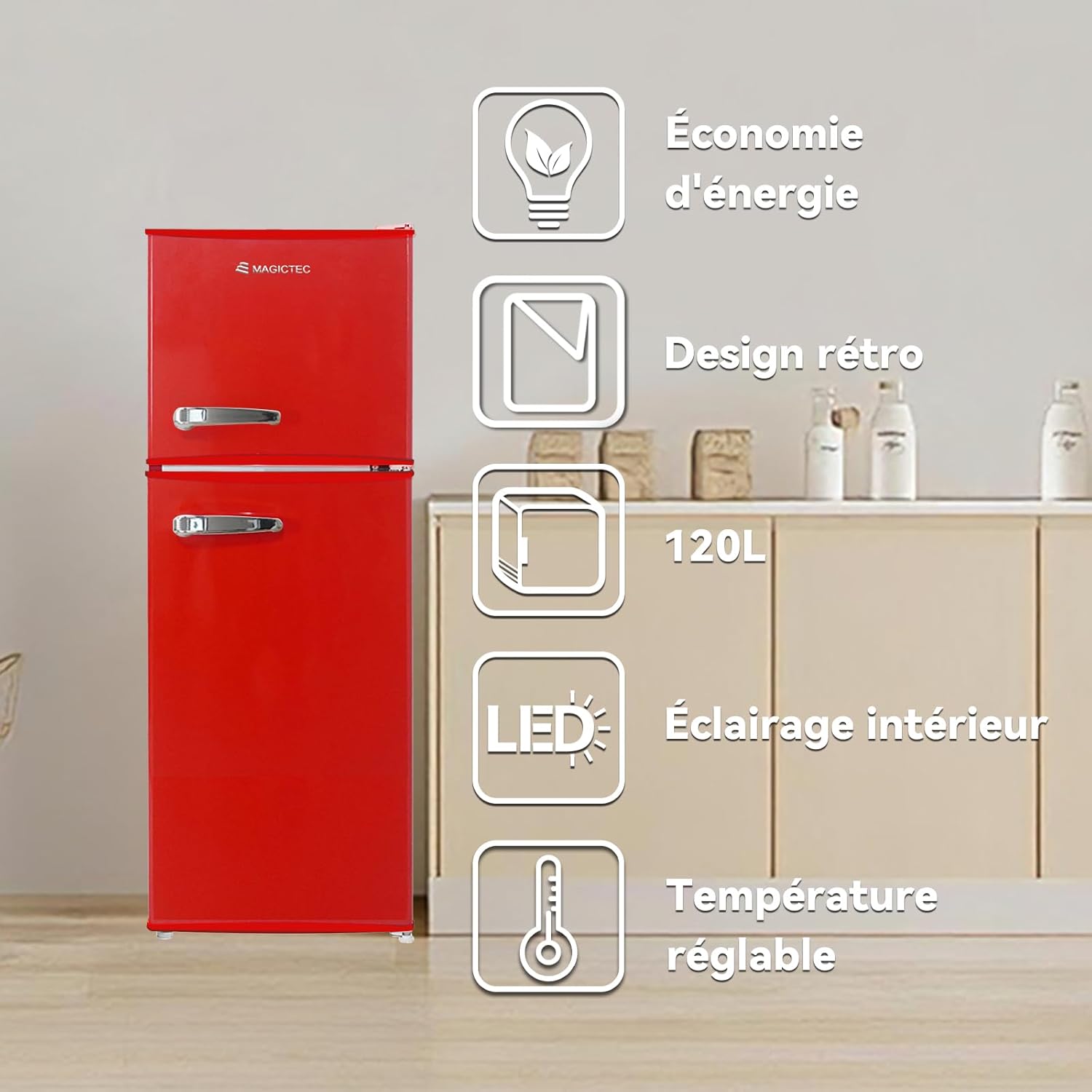 Magictec - Frigo vintage série - 120L, Low Frost, LED, rouge