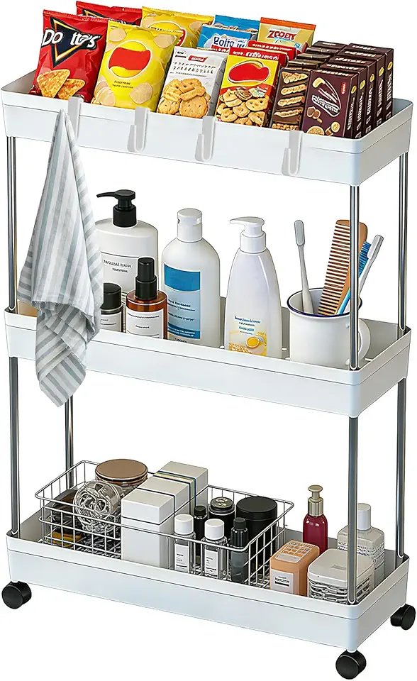 Chariot de rangement 3 niveaux, étagère mobile, blanc, compact, cuisine/salle de bain