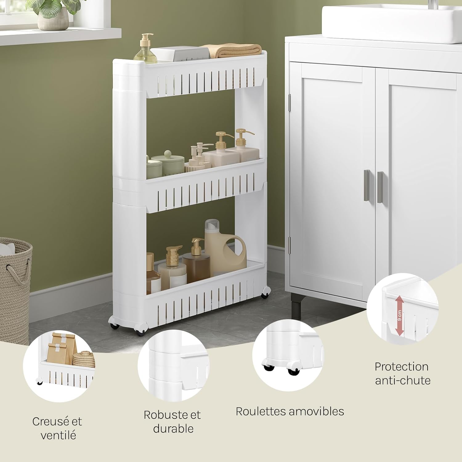 WOLTU - étagère de niche roulante 3 compartiments, blanc, compacte