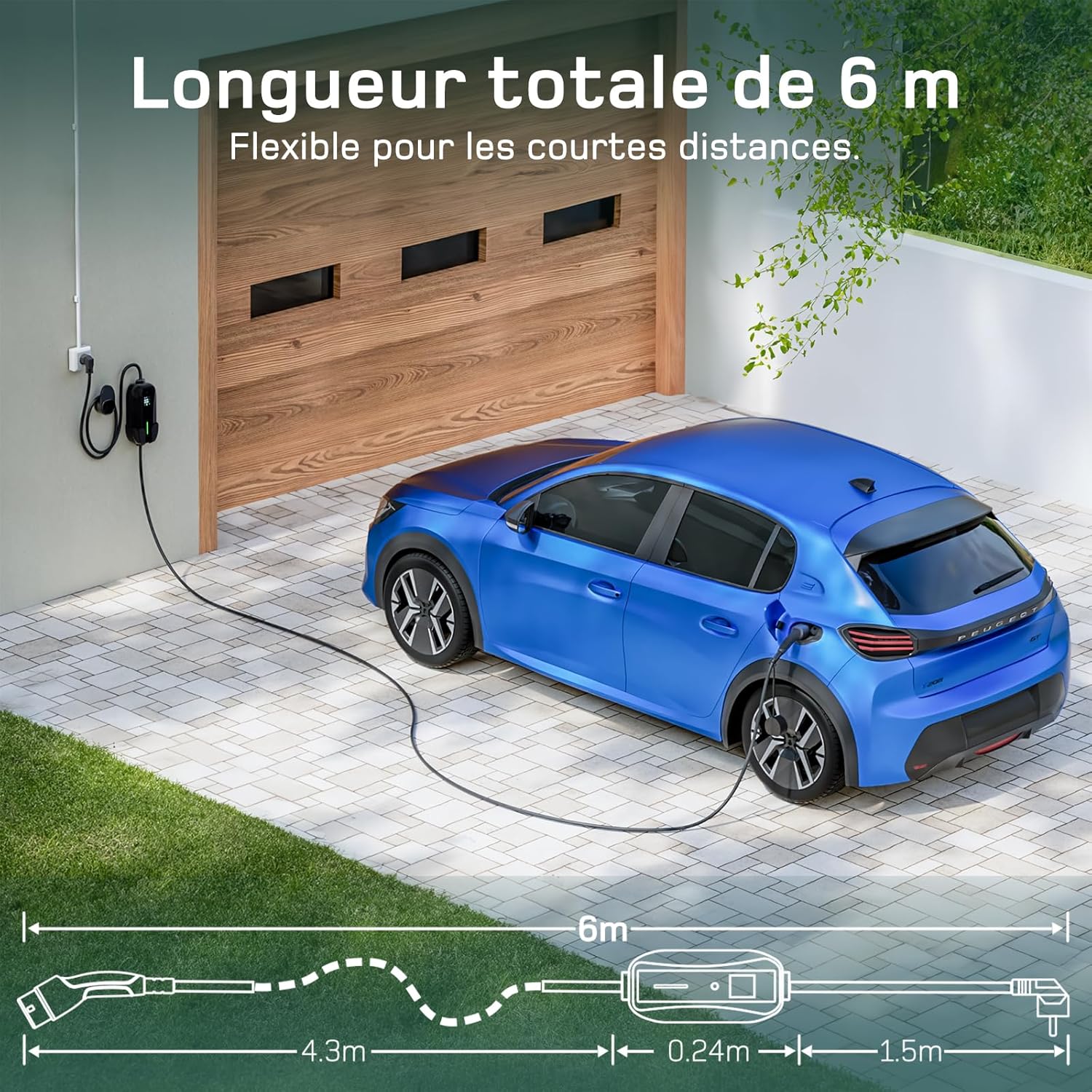 Chargeur voiture électrique - 3,68kW, 6m - Type 2, 16A, écran numérique