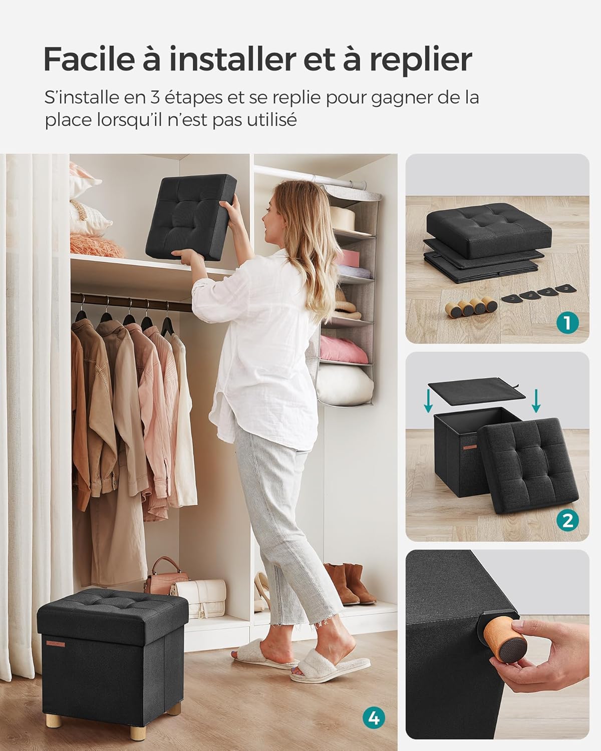 SONGMICS - Tabouret de rangement pliable 38x38x40cm, 300kg, noir, LSF014B11