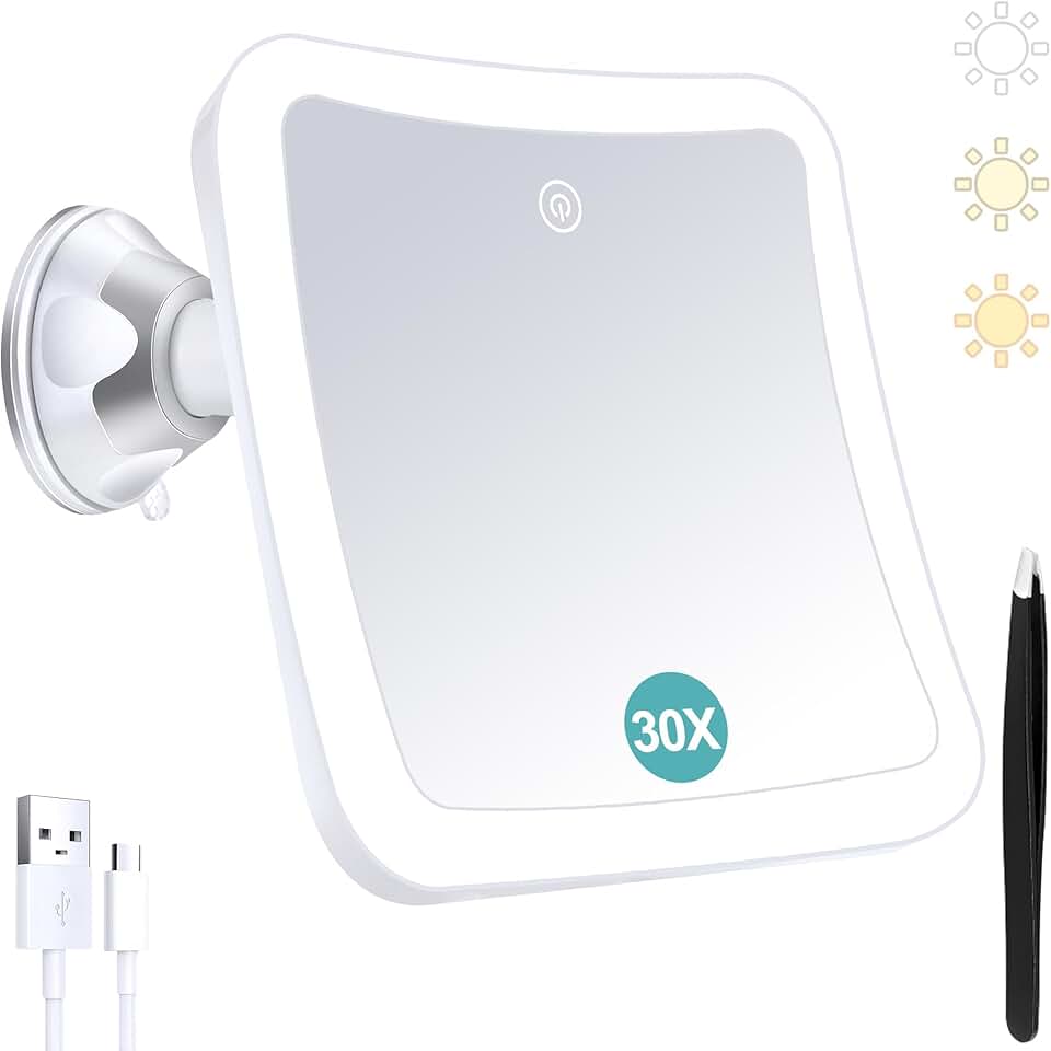 Miroir grossissant carré - 30x - lumineux, tactile, ventouse, rechargeable, rotation 360°