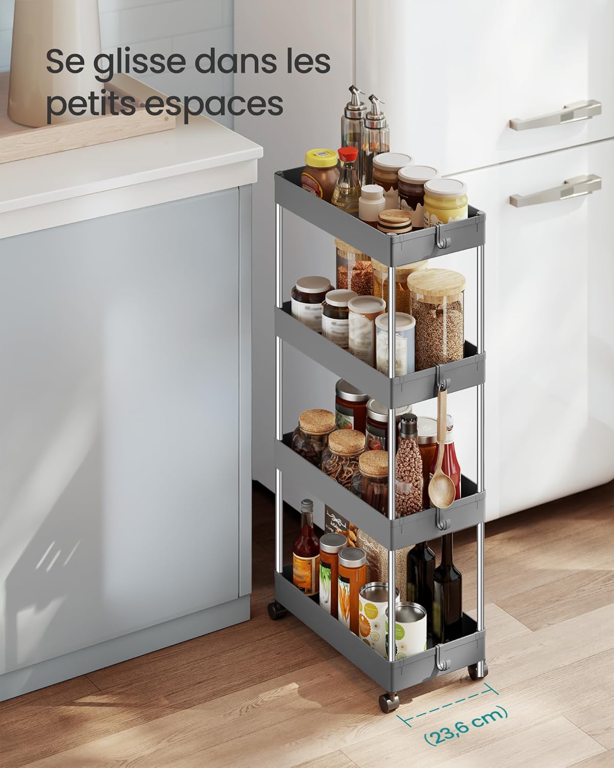 SONGMICS - chariot cuisine 4 niveaux - 23,6x42x86cm - acier, 6 crochets KSC010G01