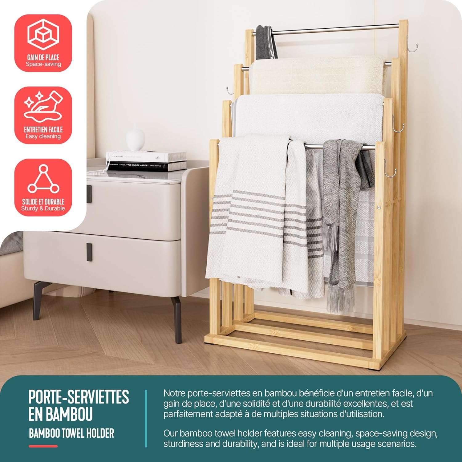 VOUNOT - Porte-serviettes 4 niveaux bambou - autoportant, crochets, bain