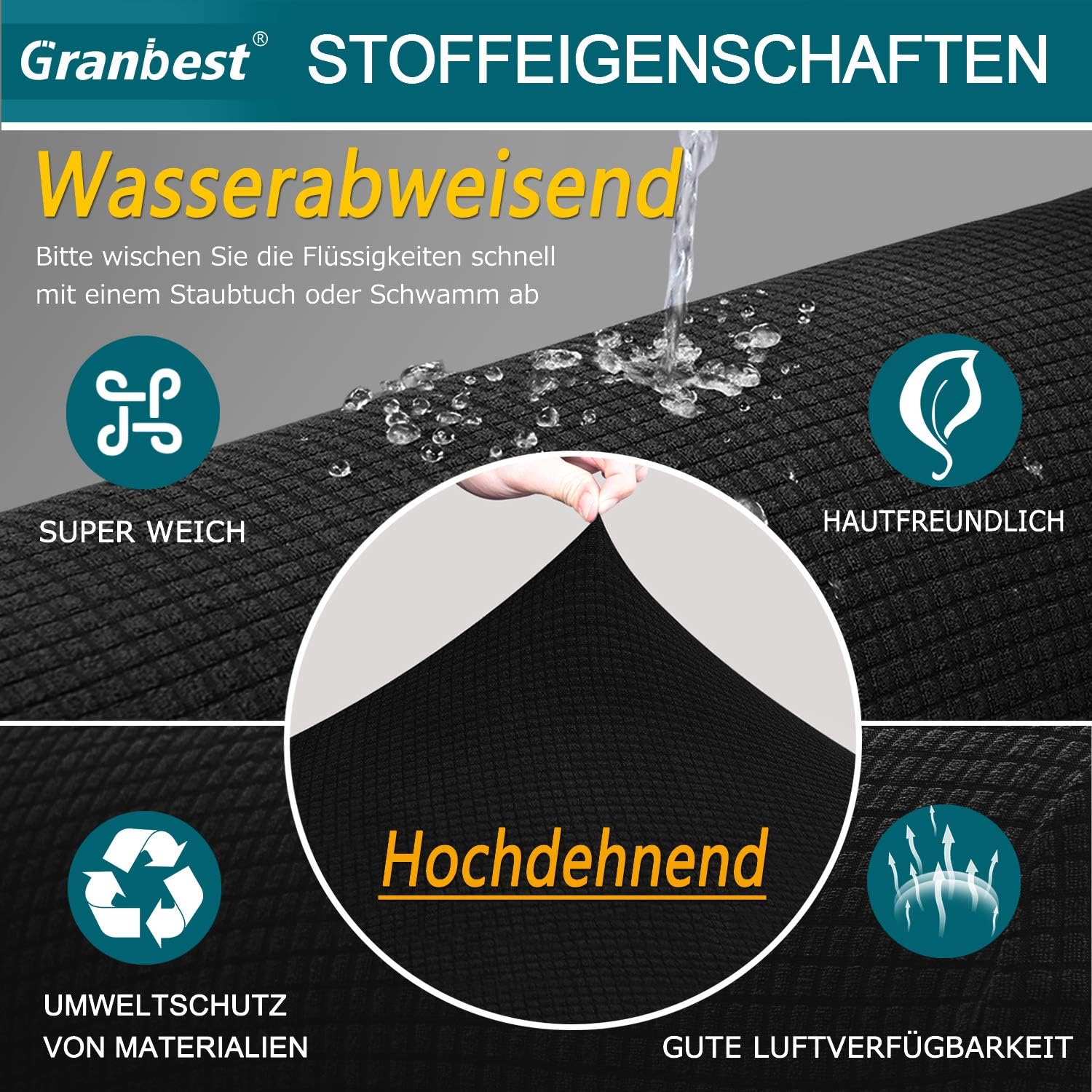 Granbest - housse canapé stretch imperméable 2 places - spandex, mousse antidérapante, noir