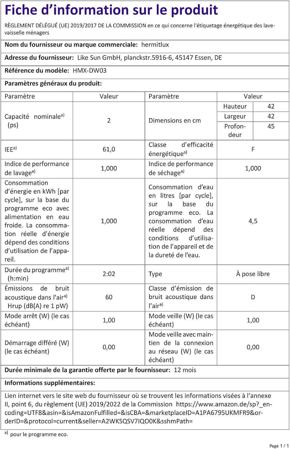 Hermitlux - Mini lave-vaisselle, 43 cm, 4 couverts, sans raccordement