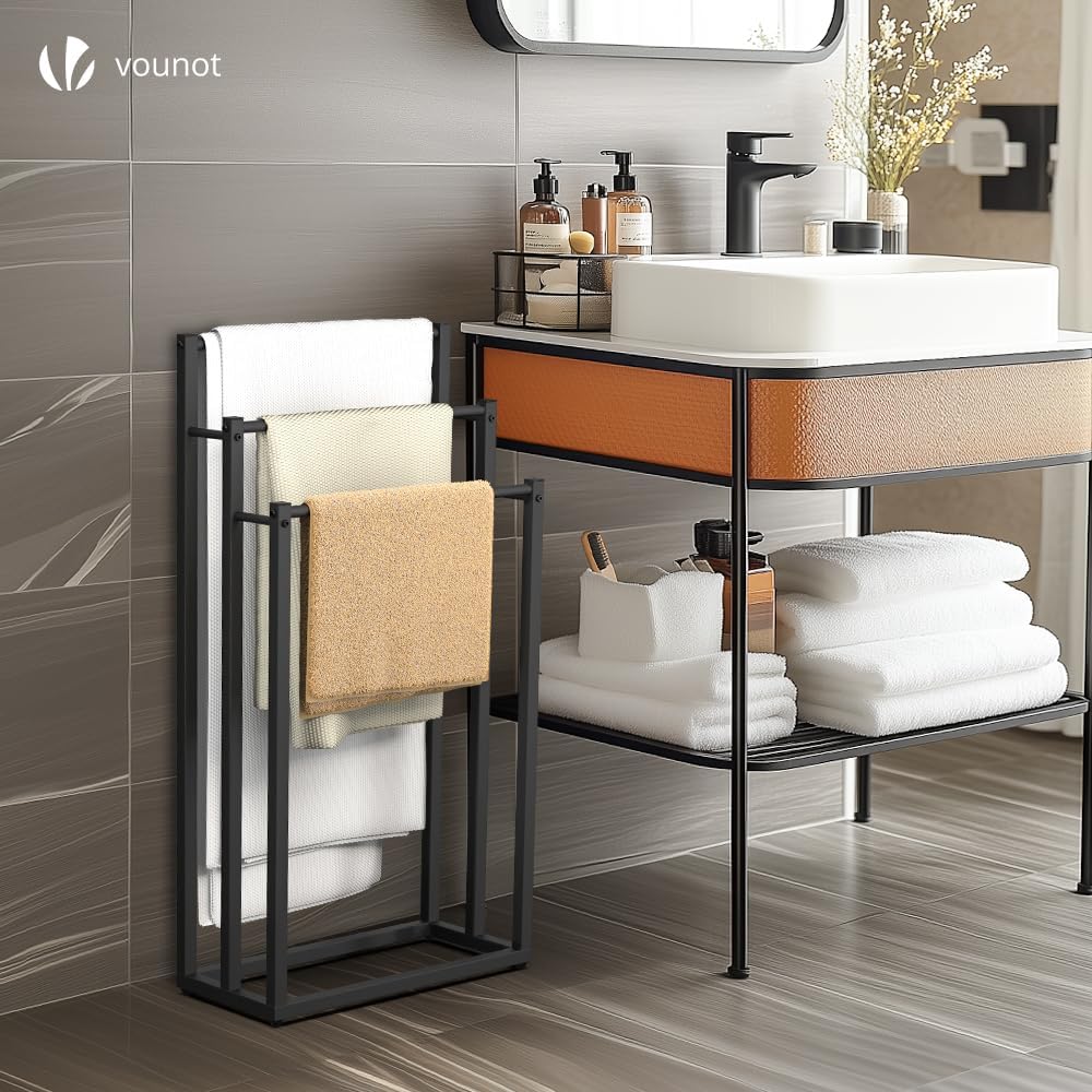 VOUNOT - Porte-serviettes sur pied, 3 niveaux, métal, noir, rangement stable