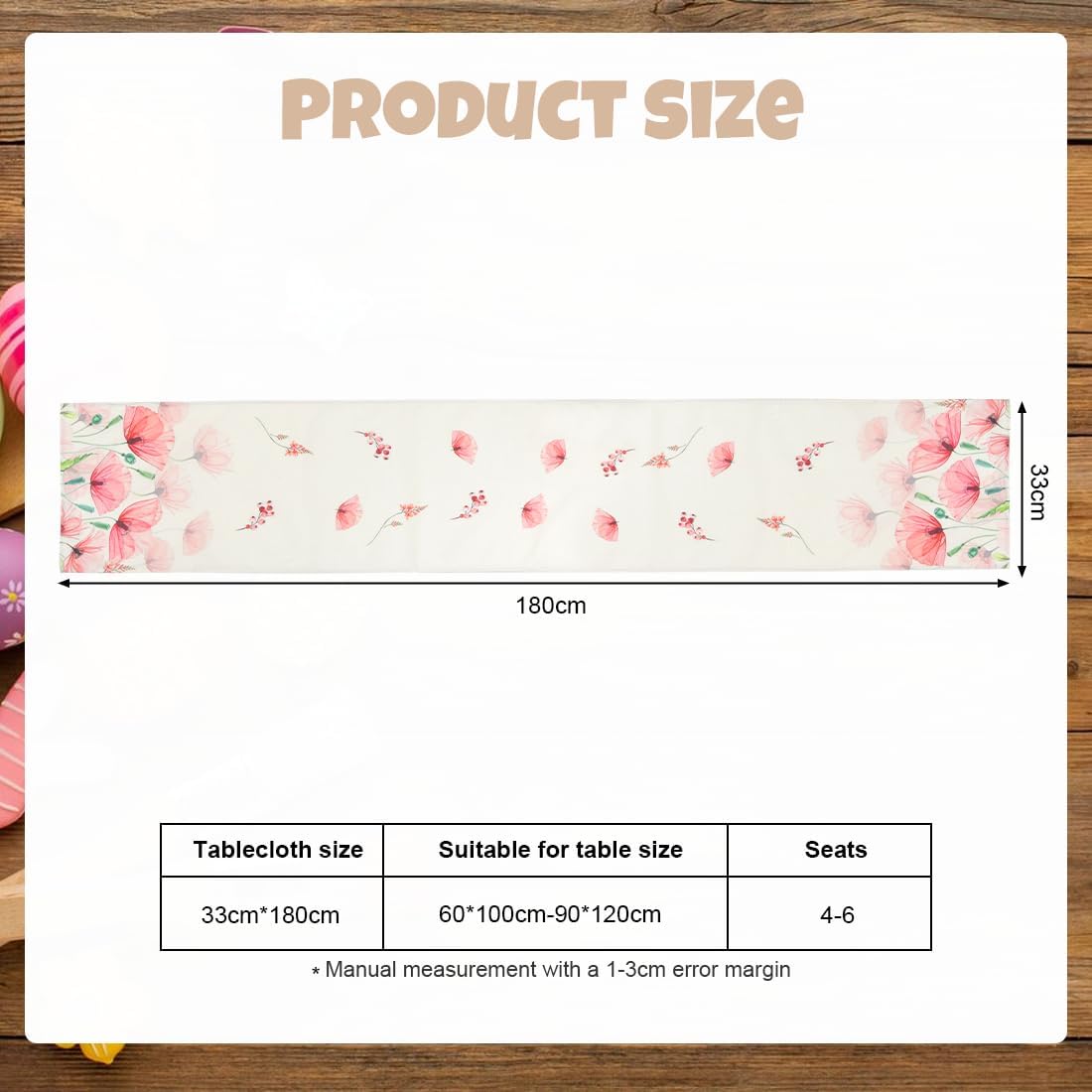 Chemin de table fleuri, lavable, 33x180 cm, pour cuisine et salon