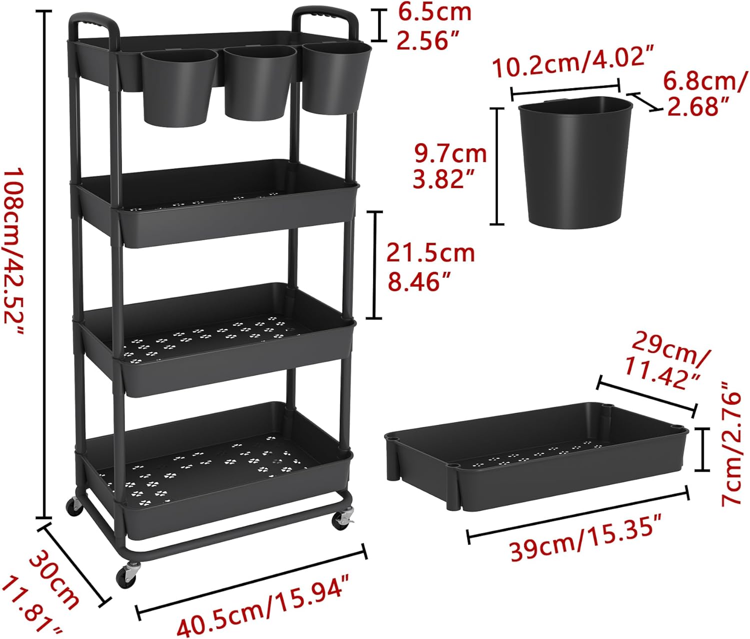 JIUYOTREE - Chariot de rangement 4 niveaux - Noir - roulettes verrouillables, poignées, gobelets suspendus