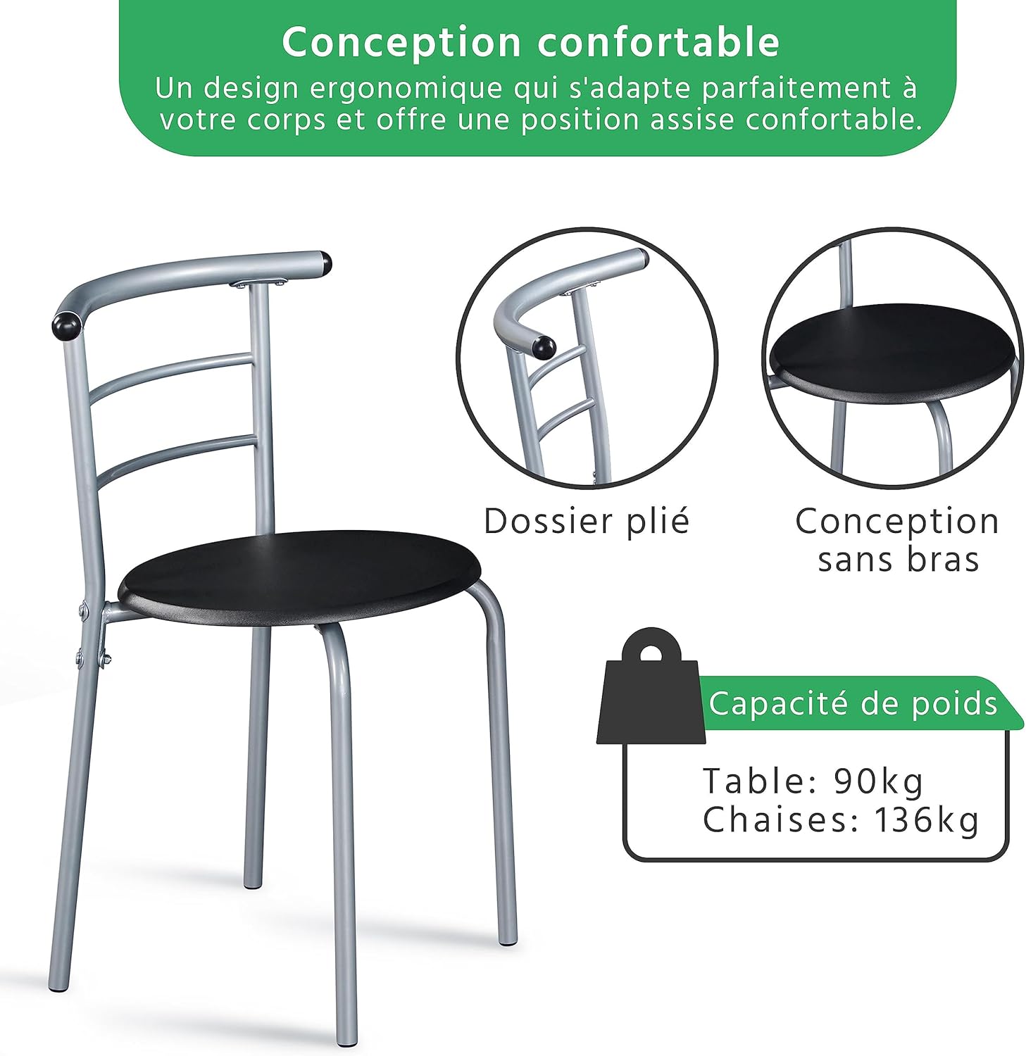 Yaheetech - Ensemble table à manger 3 pièces - 90x53x75,5 cm - MDF métal, 2 chaises, porte-bouteilles