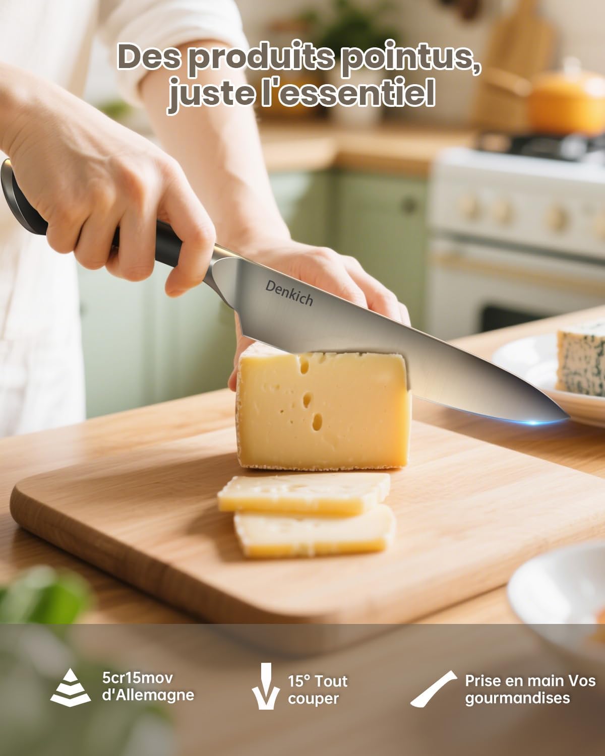 Couteaux de cuisine - set 6 pièces inox, support bois, lame 8