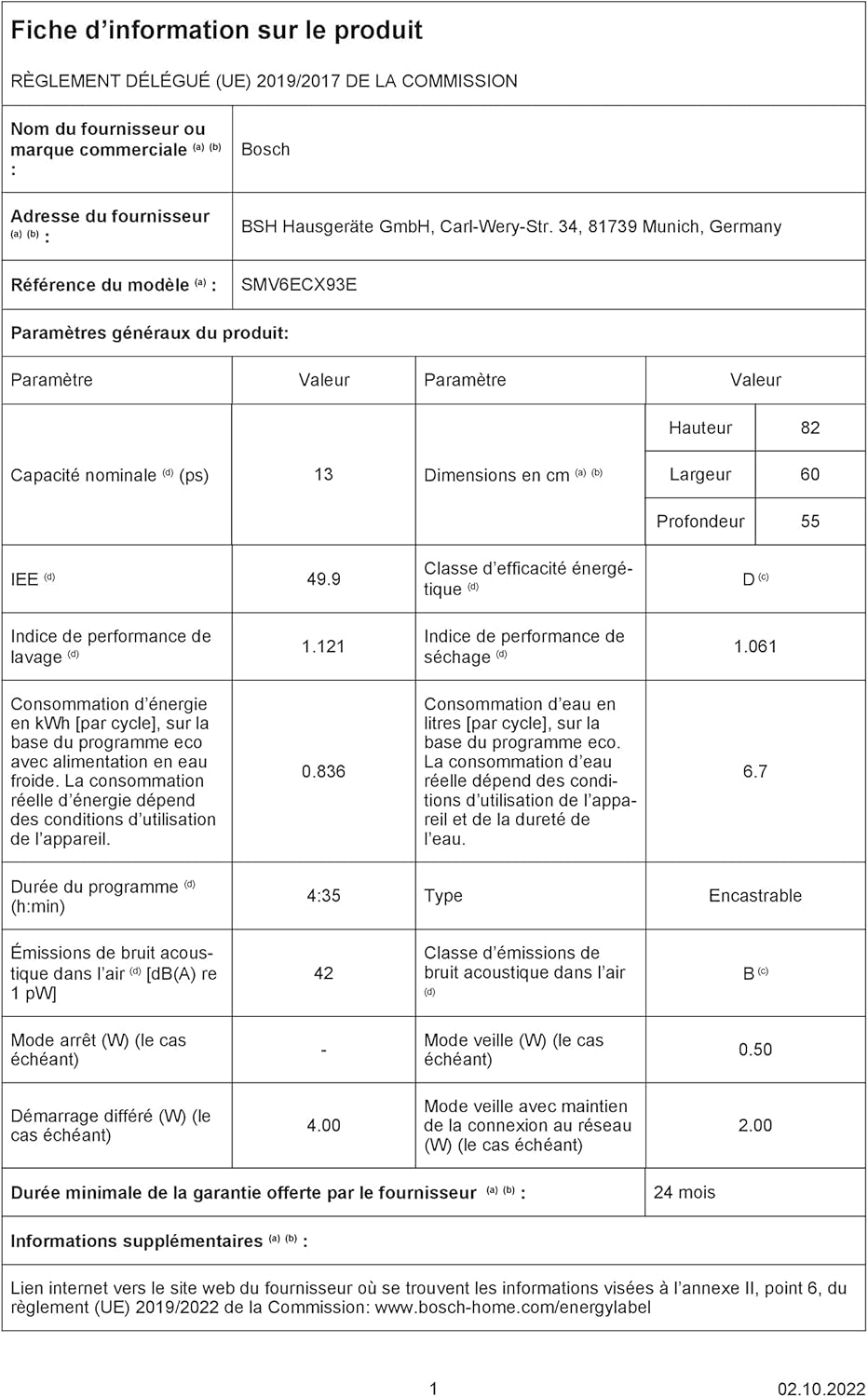 Bosch - Série 6 lave-vaisselle encastrable 60cm, 13 couverts, 40dB, SMV6ECX93E