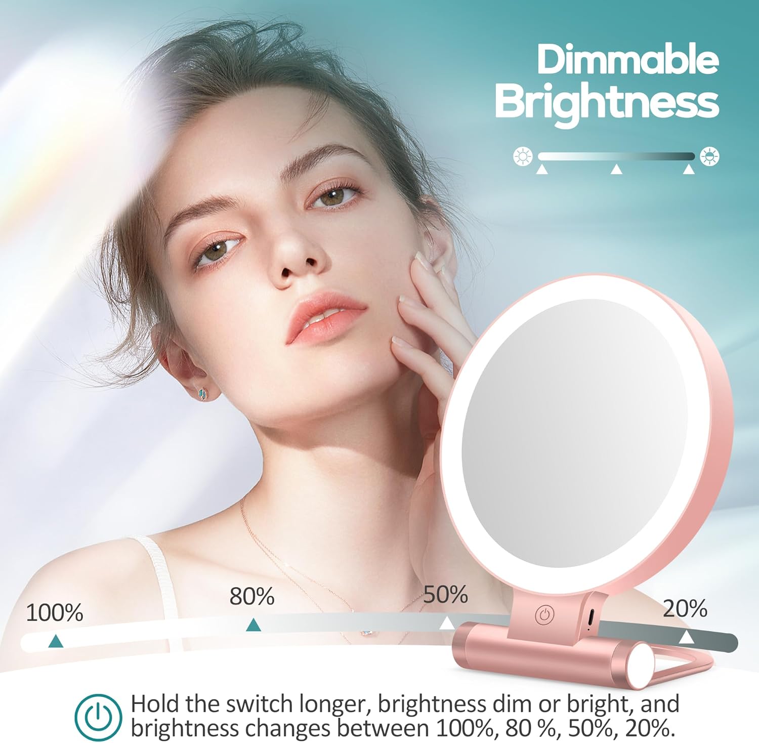 Miroir de maquillage - double face 1X/30X, 3 modes, lumière, 2000mAh, pliable, compact, format voyage