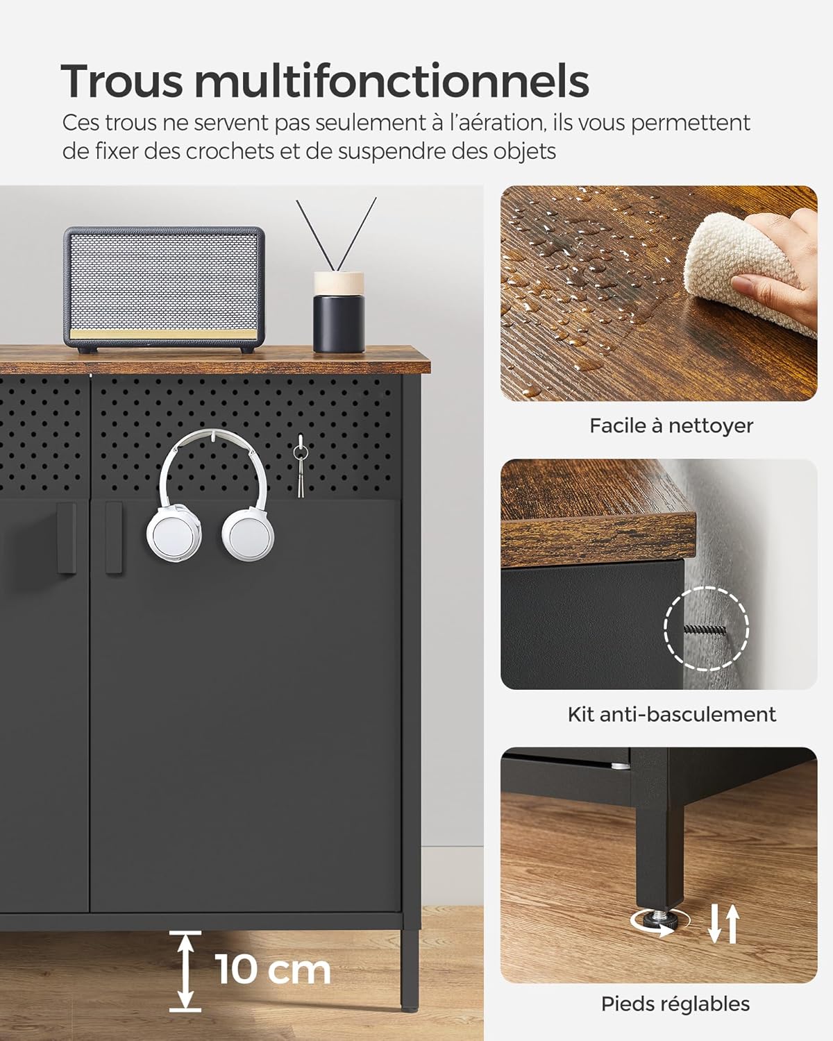 SONGMICS - Buffet double porte acier 40x80x76cm, magnétique, LSC102B01