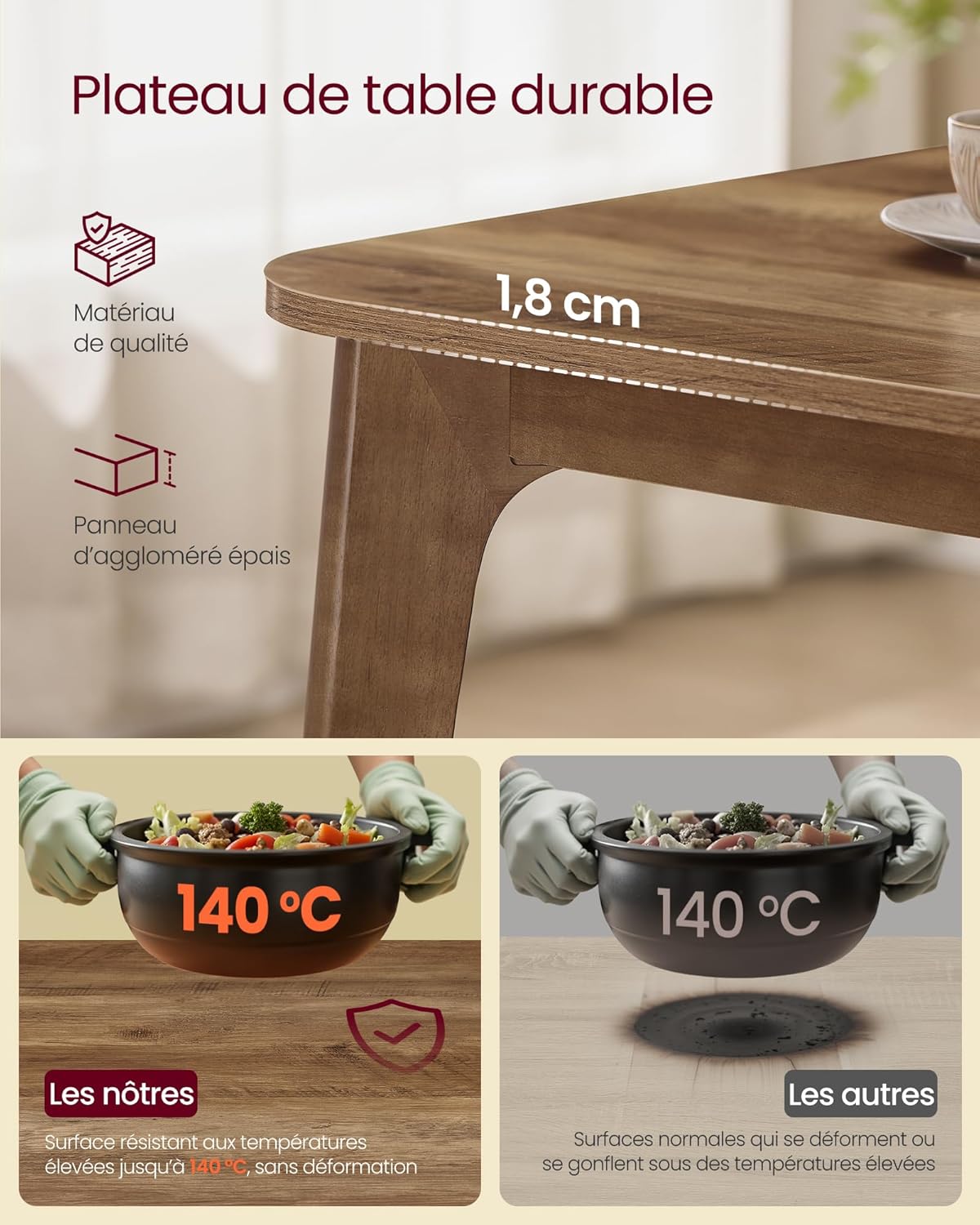 VASAGLE - Table extensible salle à manger, 120kg, marron miel, KDT090K01