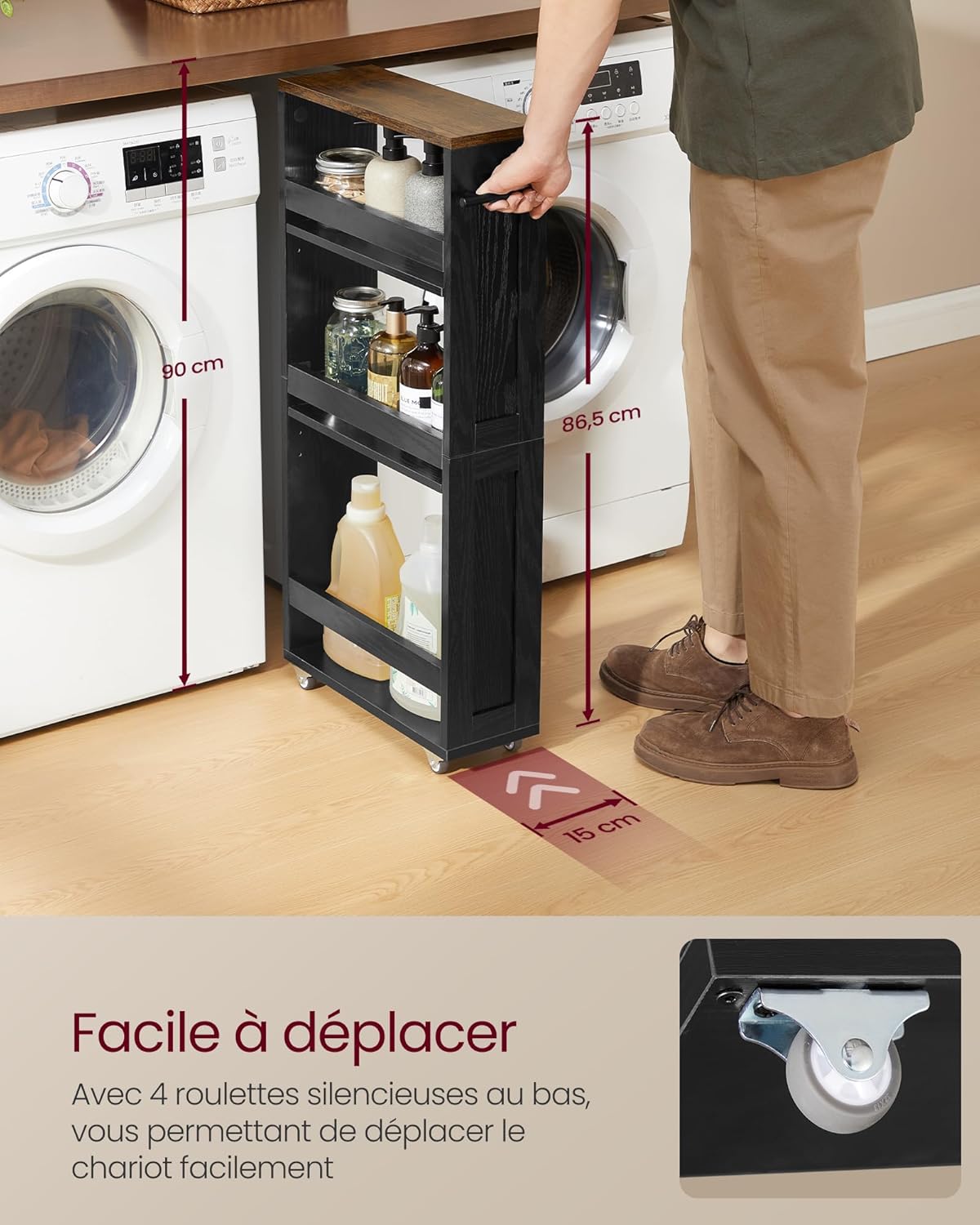 VASAGLE - chariot de rangement, 4 niveaux, 15x43,2x86,5 cm, poignée, roulettes, LRC050K02