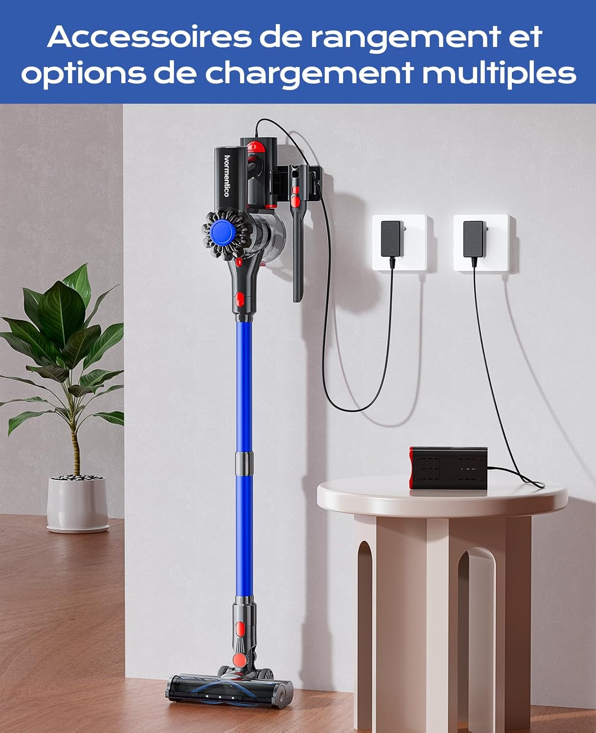 Aspirateur balai sans fil - 450W, 40KPA, 50min autonomie, LED verte, brosse sols/tapis, bleu