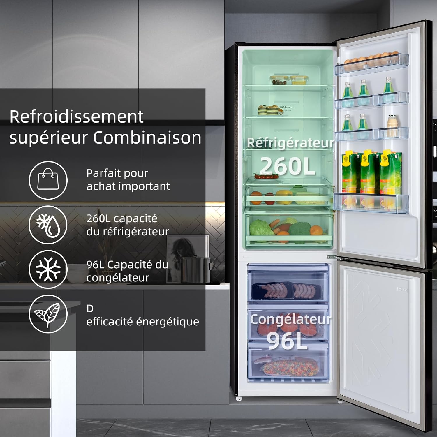 CHIQ - réfrigérateur congélateur série FBM - 356L, inox, no frost, tiroirs profonds, bac légumes, alarme porte, FBM351LE