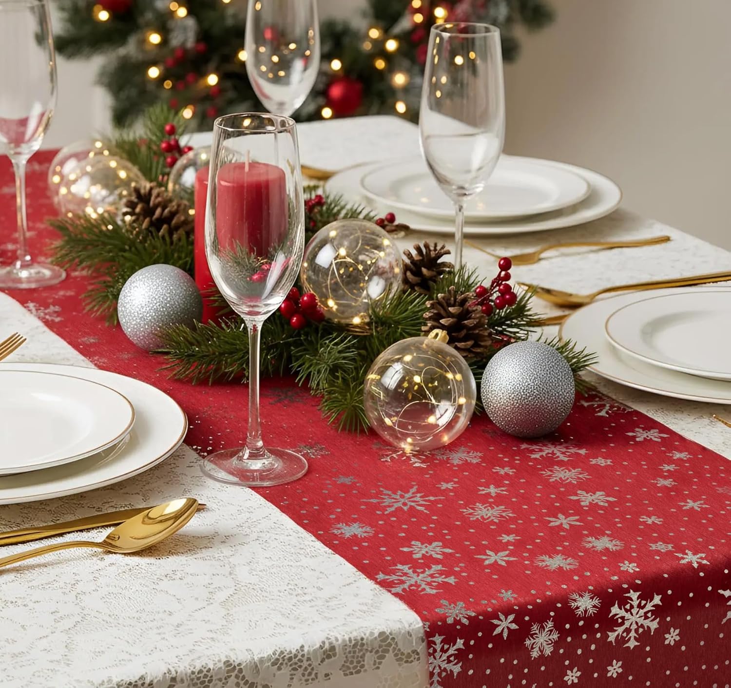Chemin de table - rouge flocons argentés - 30m x 23cm - déco fêtes noël