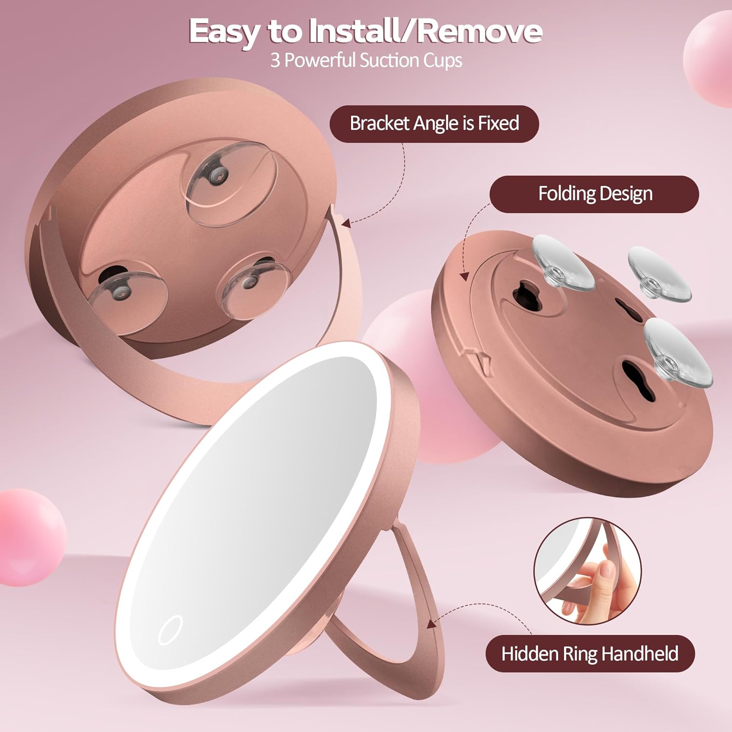 Miroir grossissant - 30x, éclairage LED, ventouse, or rose, maquillage précision