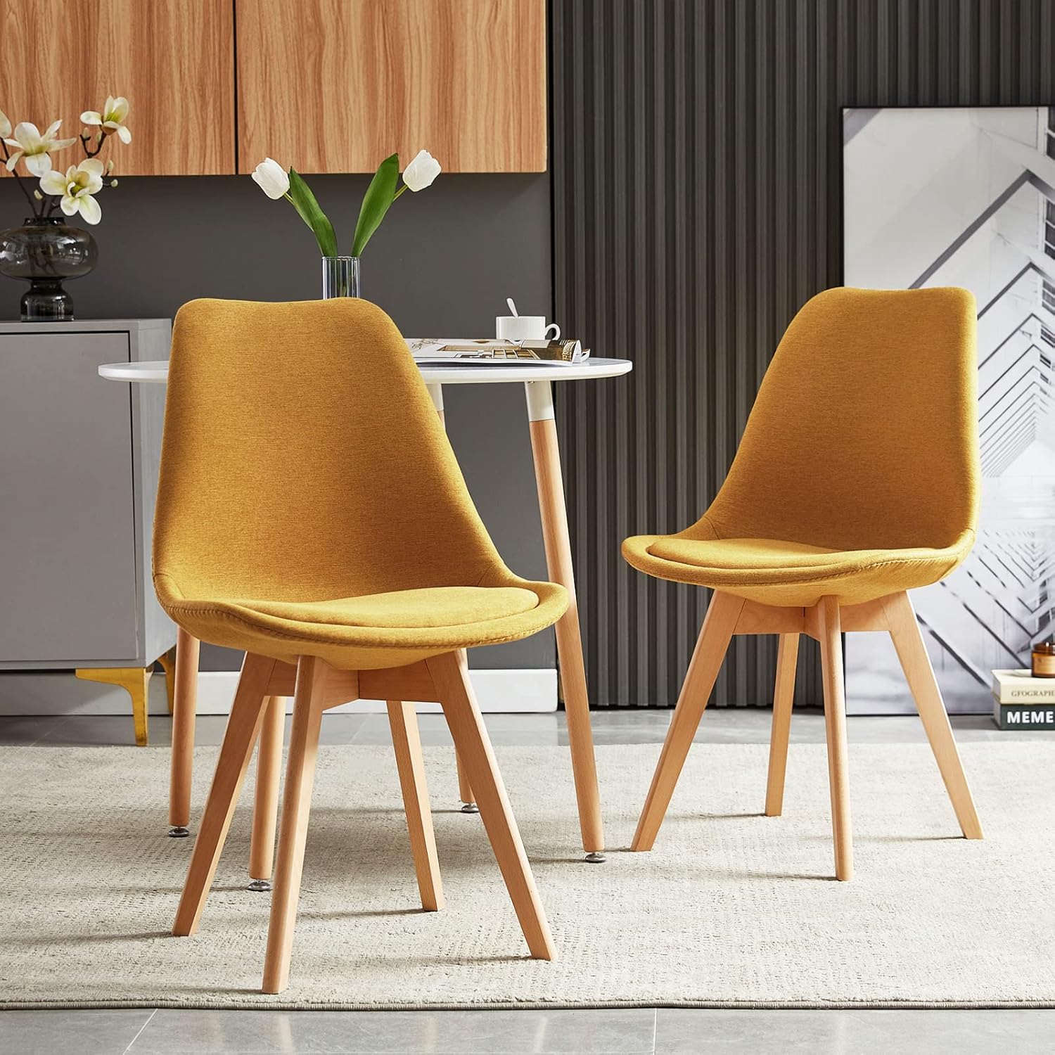 EGGREE - chaise scandinave lot de 4 - tissu/lin jaune - bois hêtre, rembourrée, testée SGS