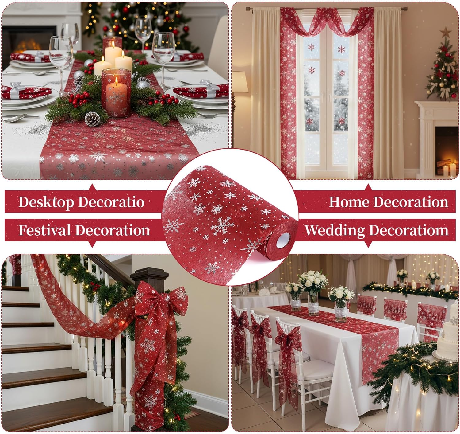 Chemin de table - rouge flocons argentés - 30m x 23cm - déco fêtes noël