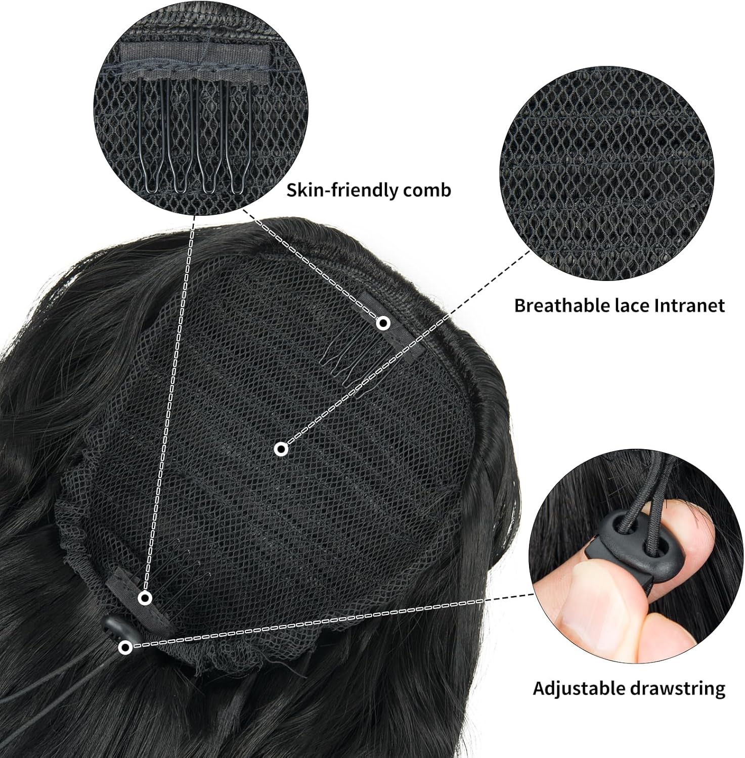 Extension cheveux naturel - ponytail 66cm - ondulée, cordon, couleur 1B#