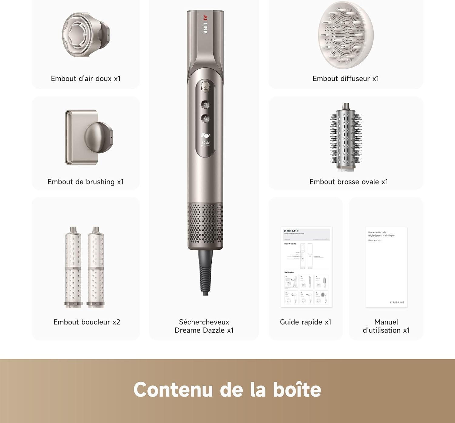 Dreame - Dazzle - sèche-cheveux compact - moteur 110000 tr/min, ions négatifs, 5 embouts