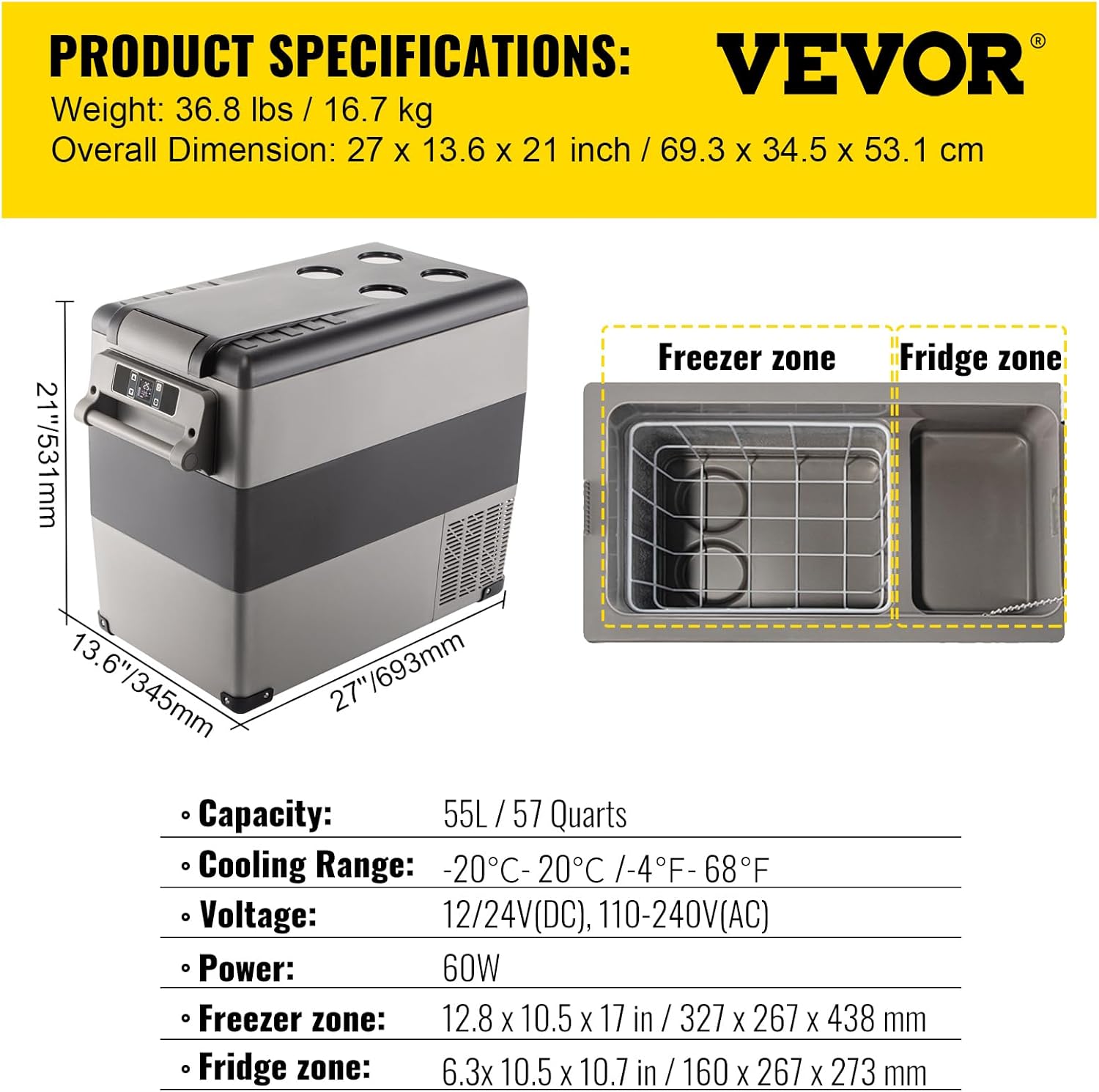 VEVOR - Glacière congélateur portable 50L, -20 à 20°C, écran numérique