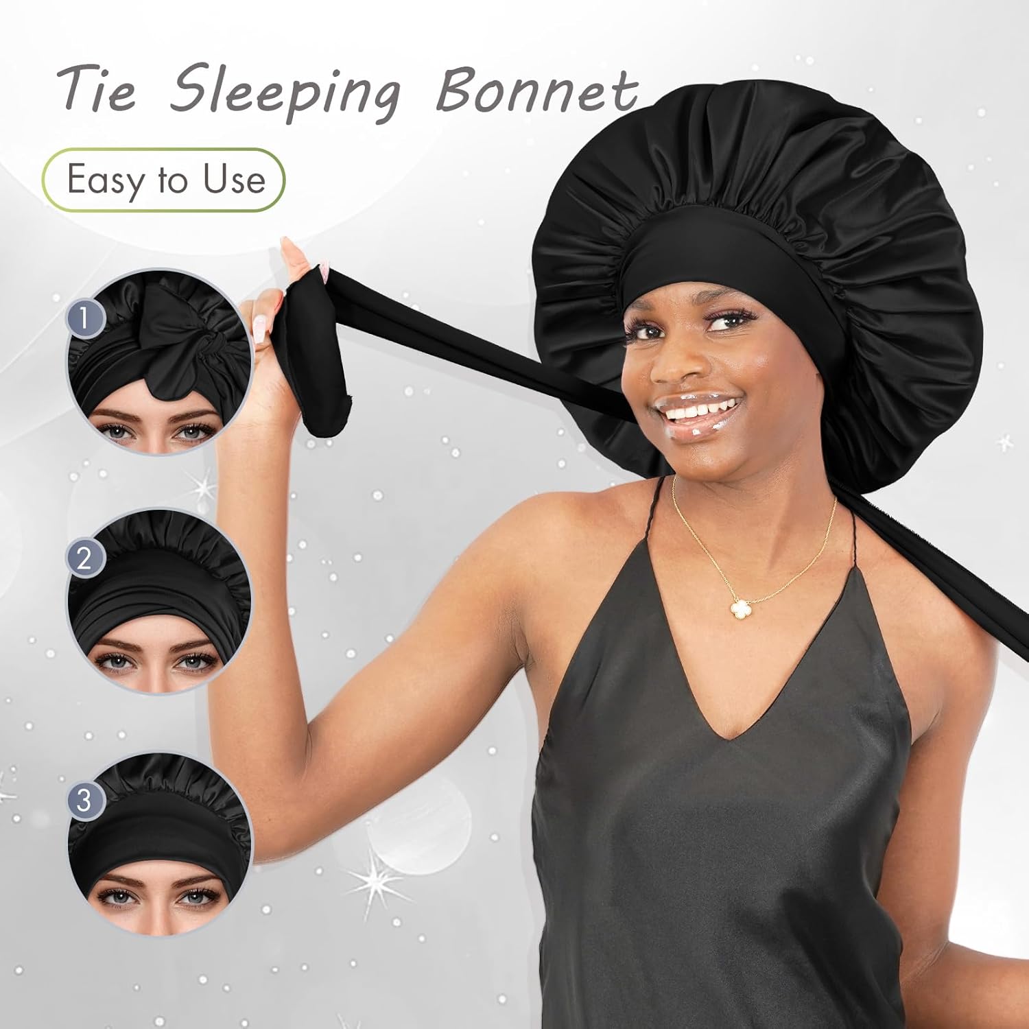 BONNET QUEEN - Bonnet satin ajustable, grand, cheveux bouclés, noir