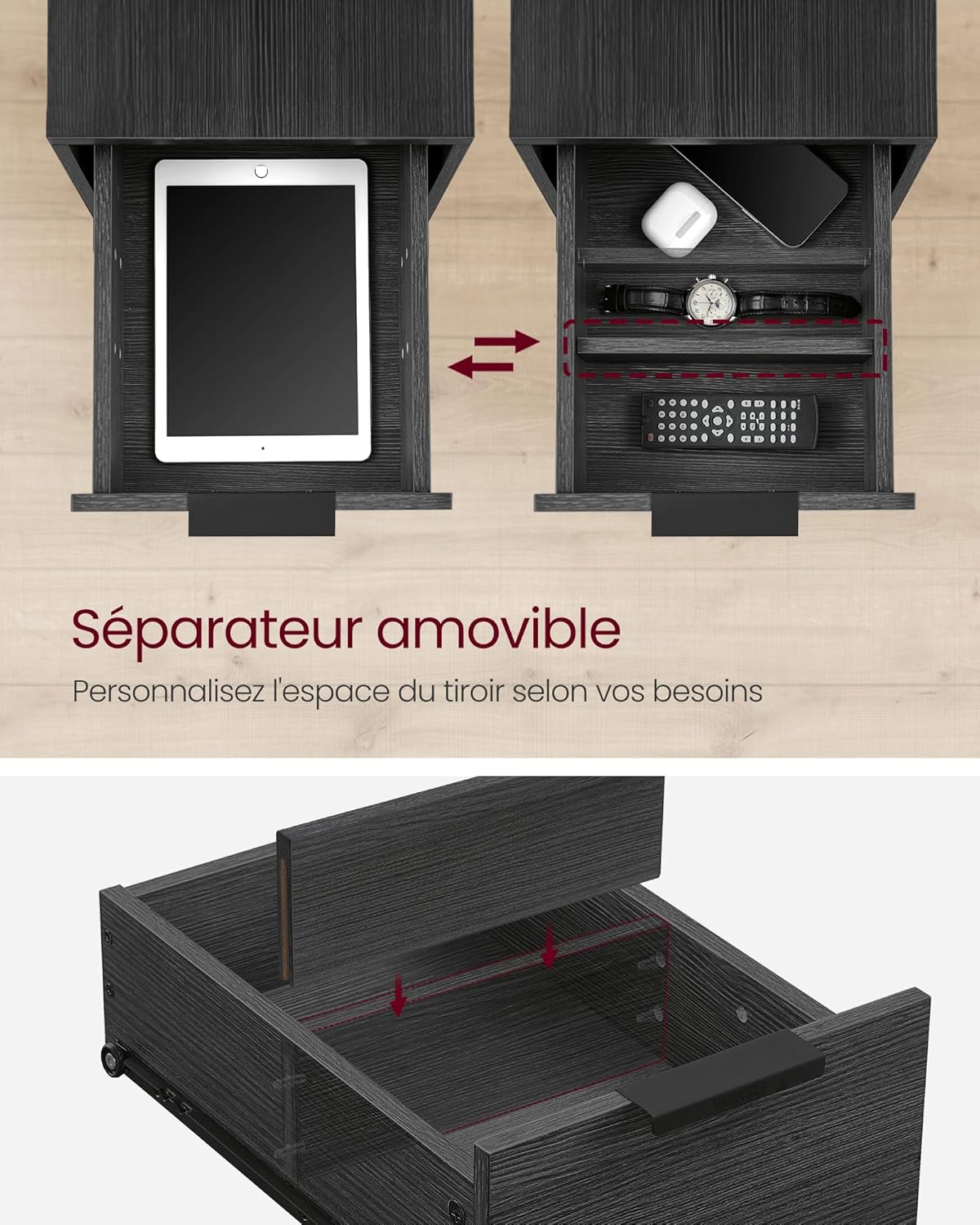 VASAGLE - table d’appoint fine 2 tiroirs, multiprise, gris/noir - LET325B22