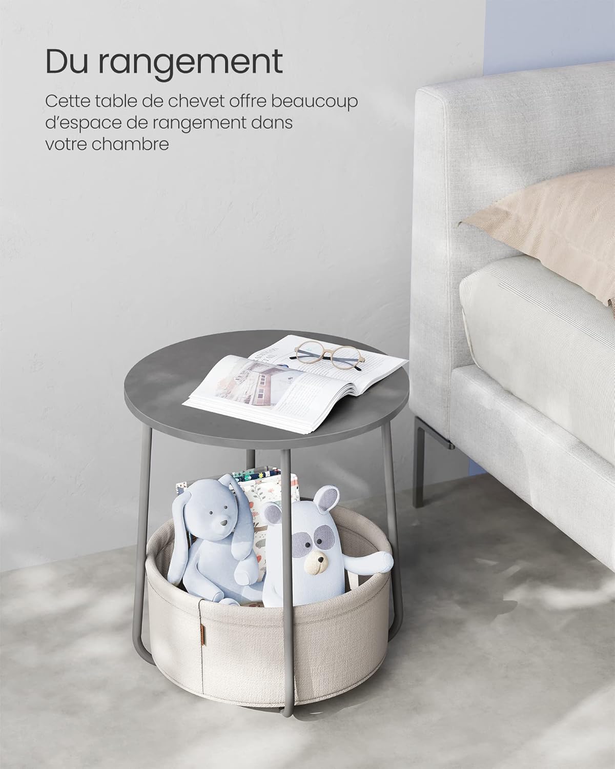 VASAGLE - Table basse ronde, avec panier tissu, gris/blanc, LET223G49