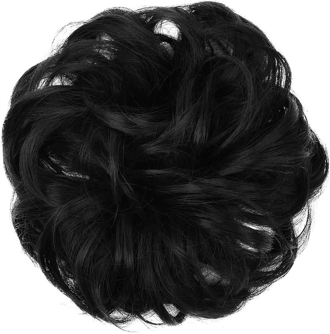 JJstar - Chignon postiche bouclé, cheveux naturels, élastique, noir foncé