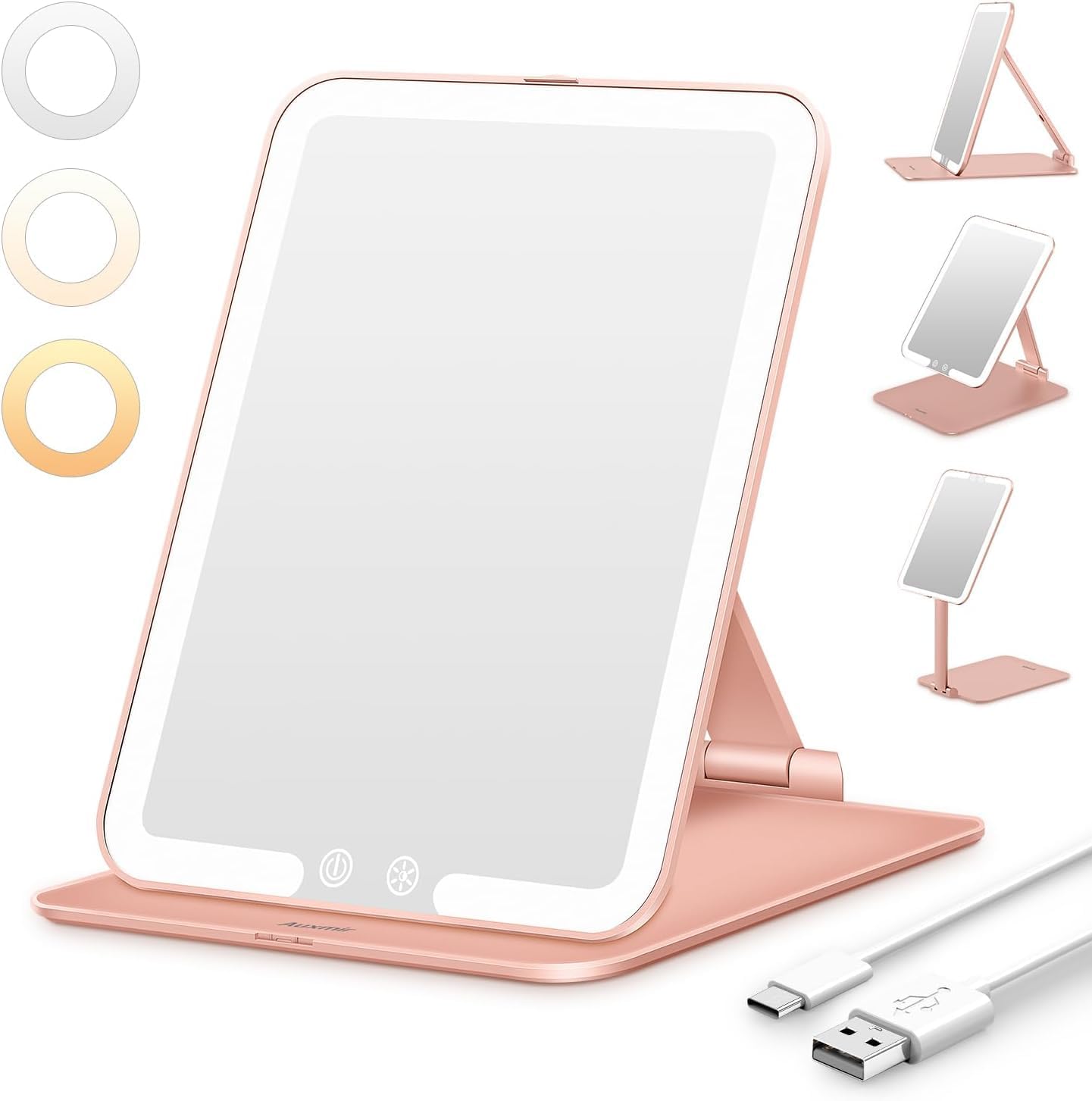 Auxmir - miroir maquillage HD, 72 LED, USB, tactile, or rose