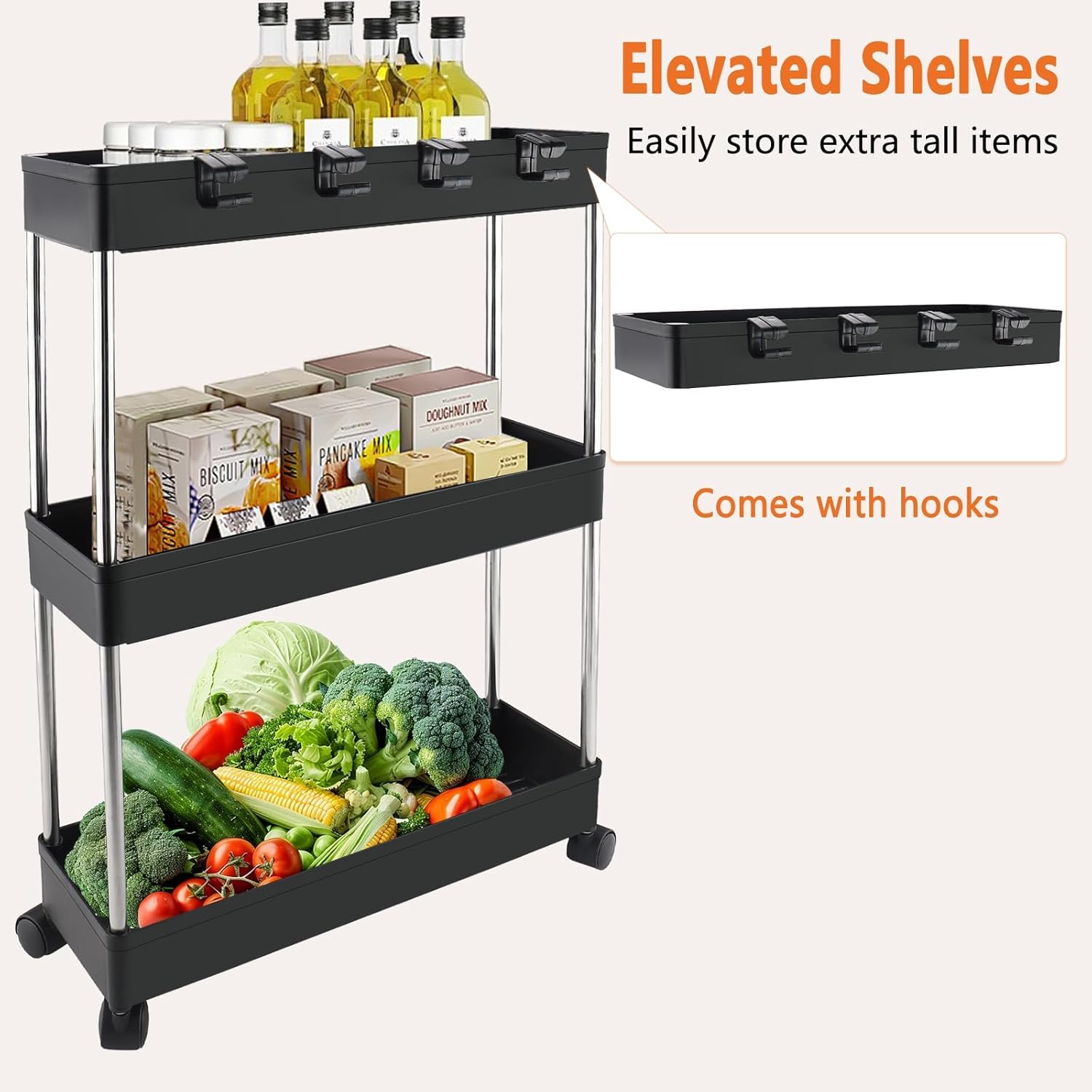 Chariot de rangement 3 niveaux - mobile - étagère à roulettes - usage bureau/maison - noir