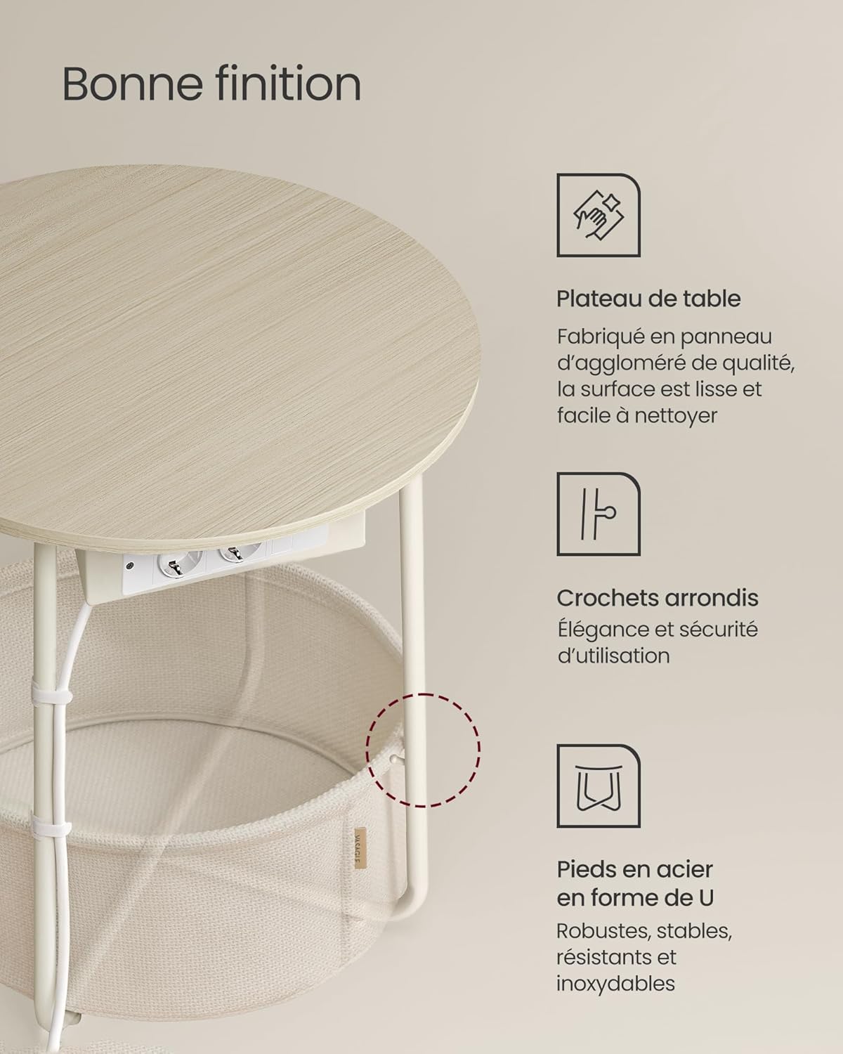 VASAGLE - Let228LL01 - table basse ronde, panier tissu, multiprise, design moderne, 50x45 cm