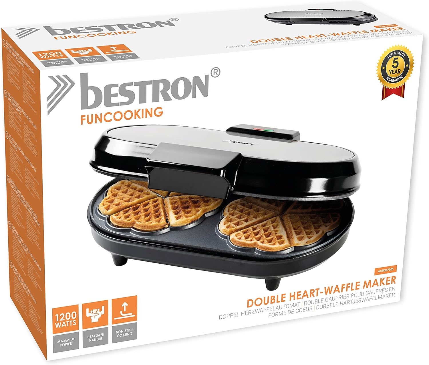 Bestron - Gaufrier double, 1200W, anti-adhésif, témoin cuisson, argent