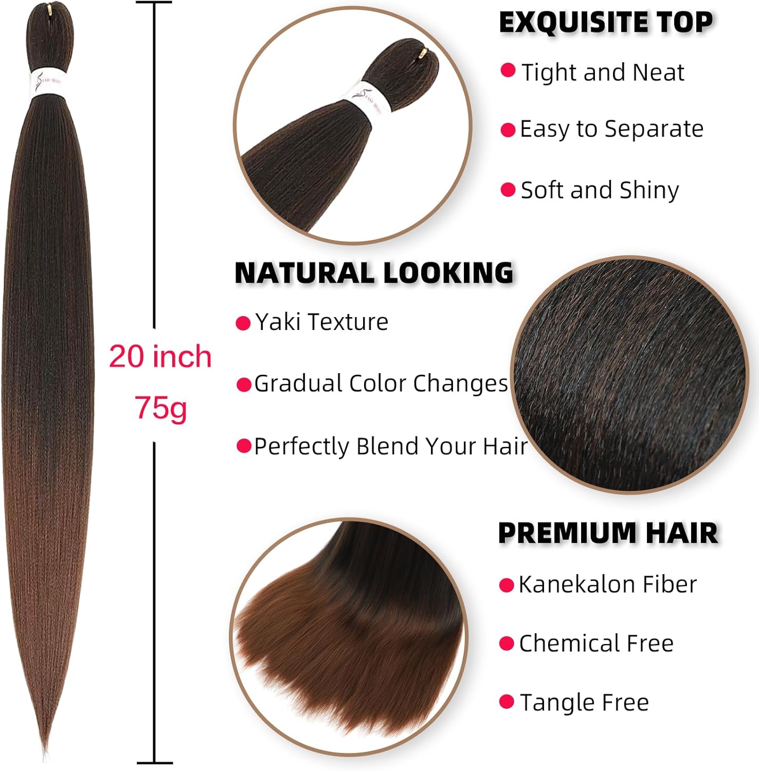 Extensions de cheveux tressés courtes 20” brunes ombrées lisses 6 paquets T1B/30#