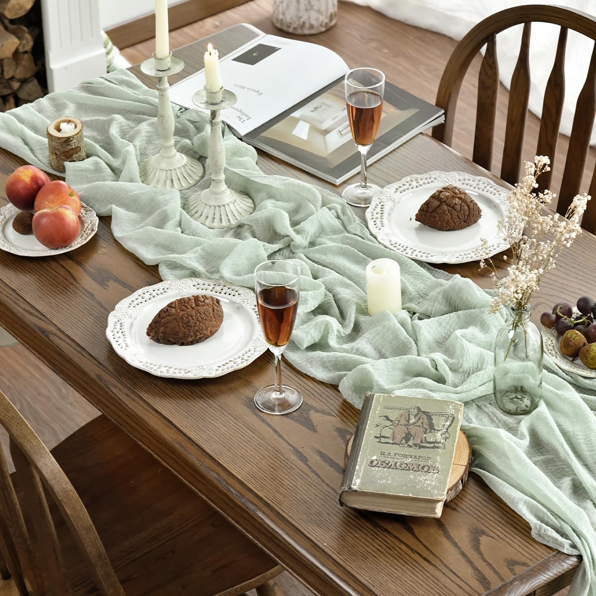 Artoid Mode - Chemin de table bohême - 300 cm - mousseline vert sauge