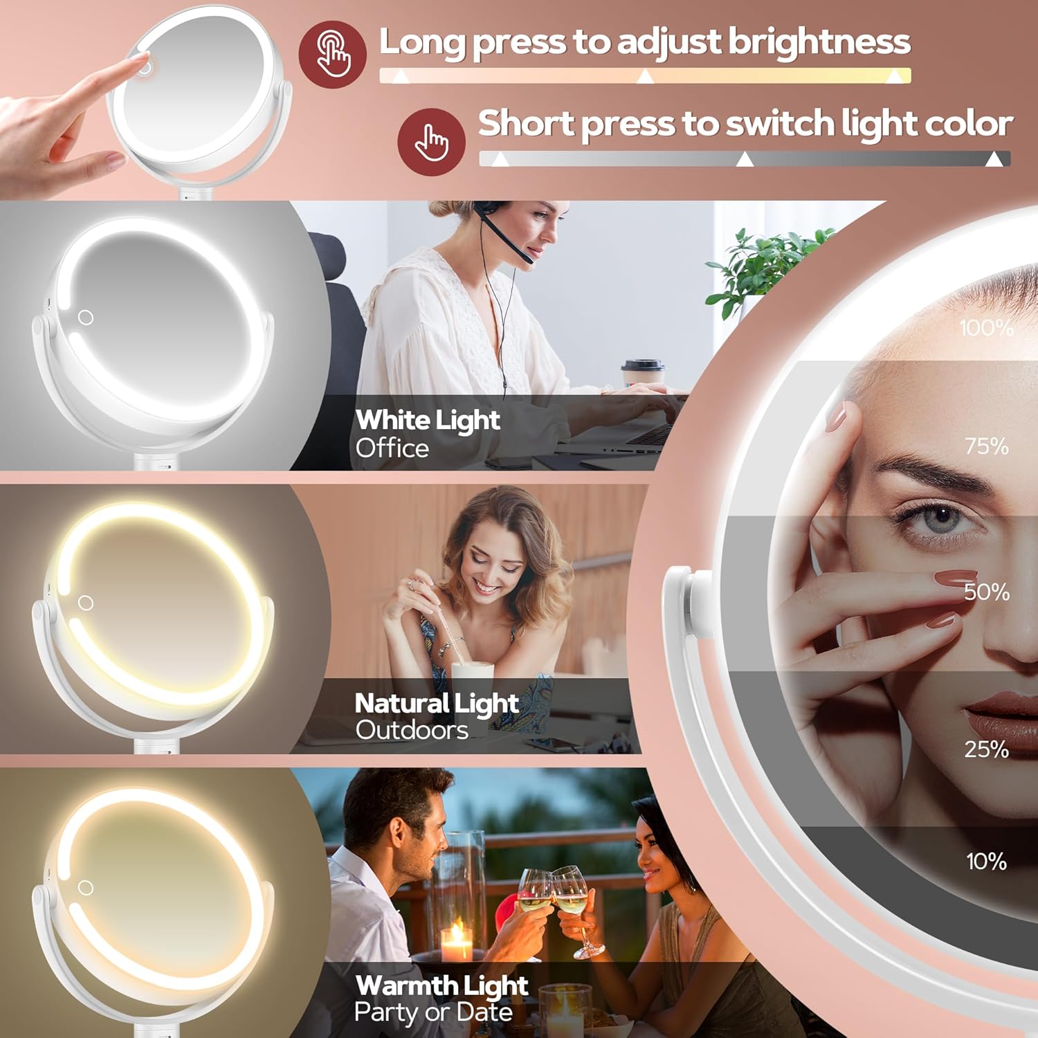 B Beauty Planet - miroir maquillage éclairé 30X - LED, 3 lumières, hauteur réglable