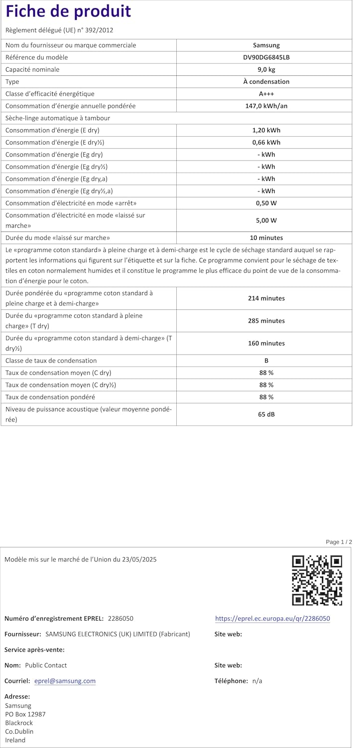 Samsung - sèche-linge série 6800, 9kg pompe à chaleur, DV90DG6845LB/U3