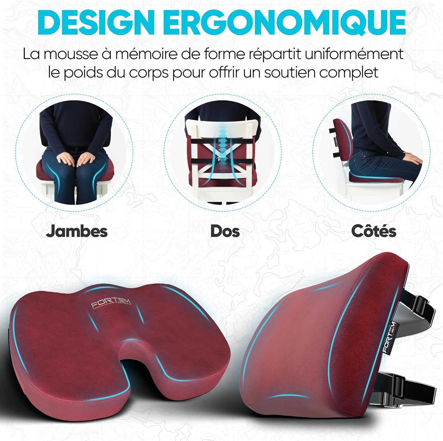 FORTEM - coussin lombaire et assise - mousse mémoire, antidérapant, soutien prolongé