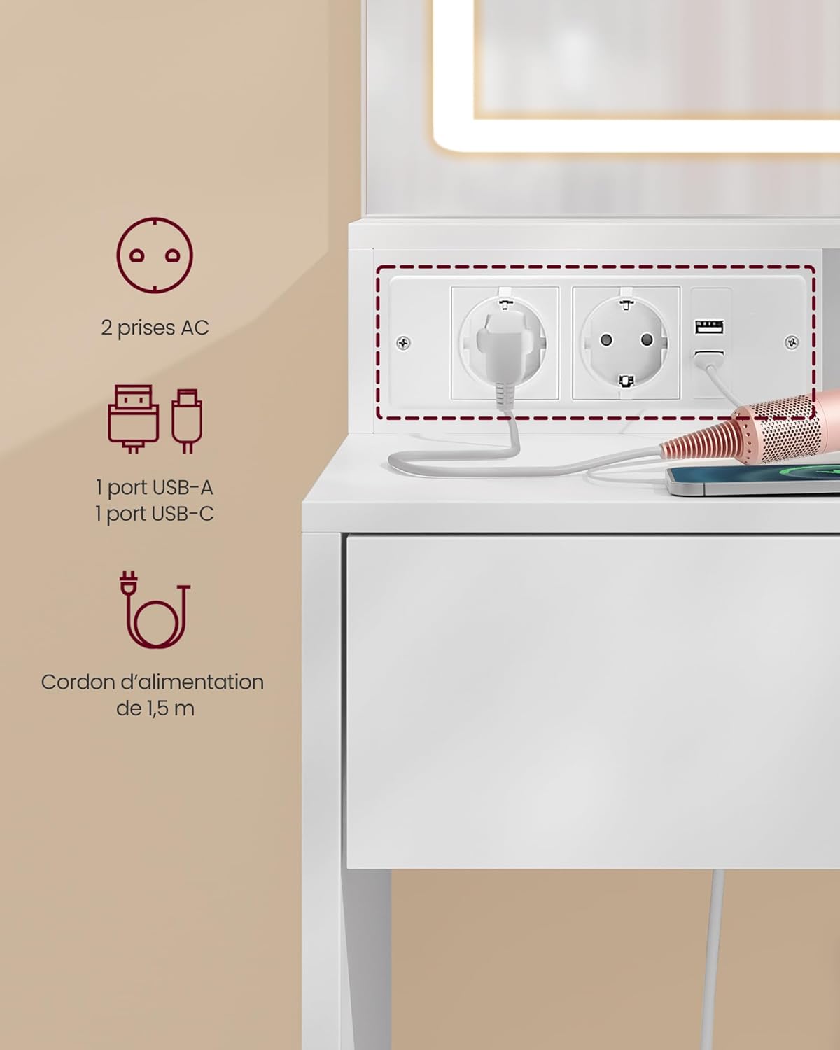 VASAGLE - KAILYN - 110 cm - Coiffeuse LED, 3 éclairages, tiroir, multiprise, RDT634WB01
