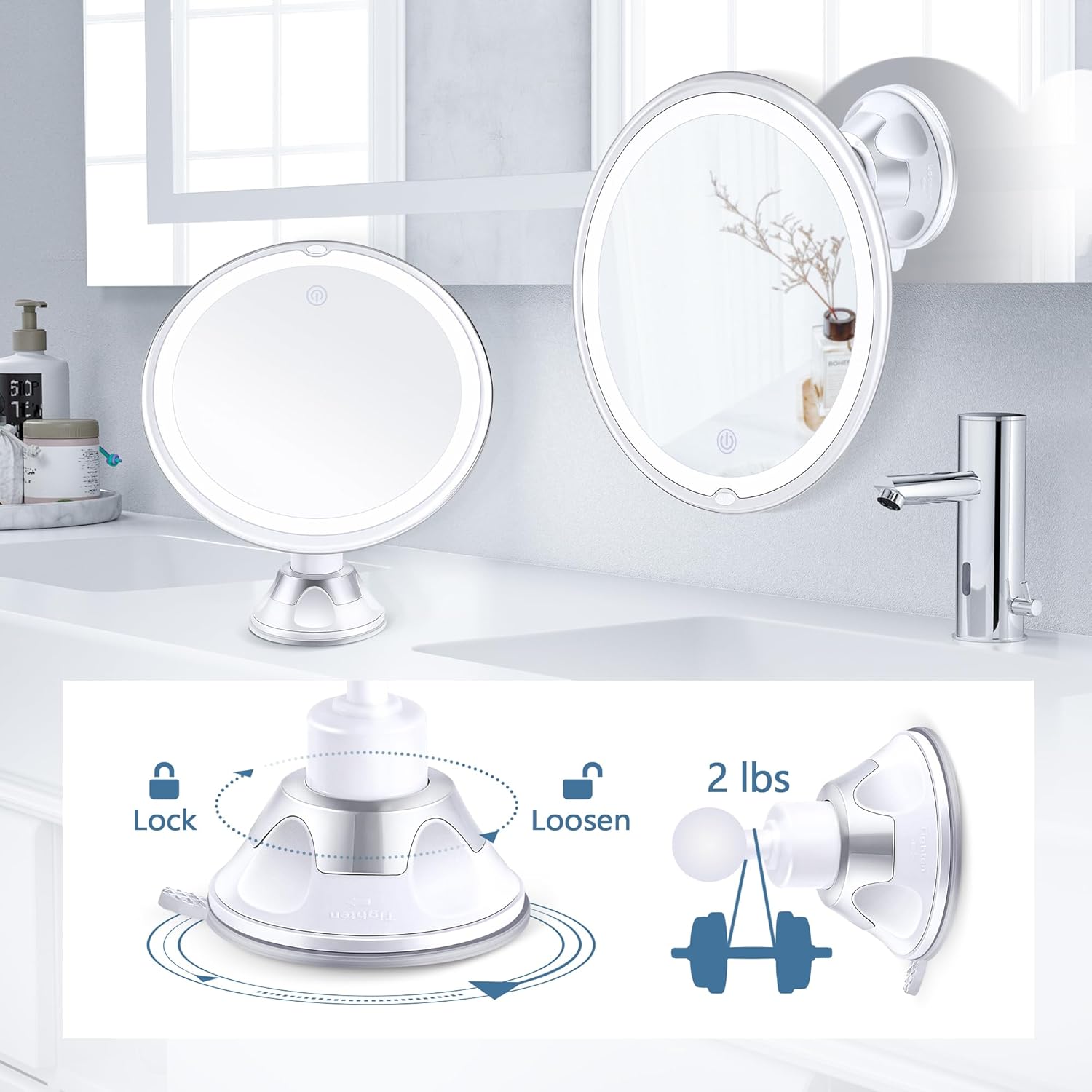 MIYADIVA - miroir grossissant 30X - 20cm - ventouse, 3 couleurs, luminosité réglable, sans perçage