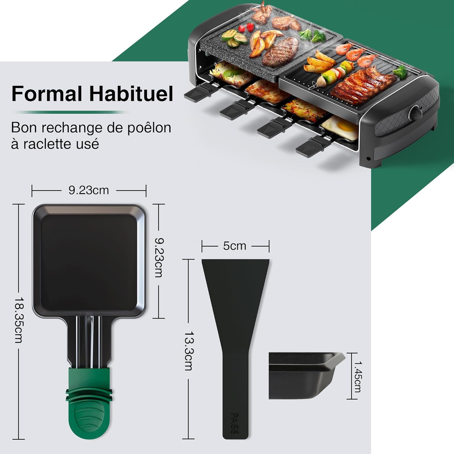 Poêlons à raclette carrés - mini format - revêtement antiadhésif, poignées colorées, 4 spatules, compatible lave-vaissel