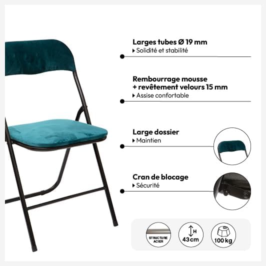 5five - chaise pliante velours bleu - compacte, confort, pliable